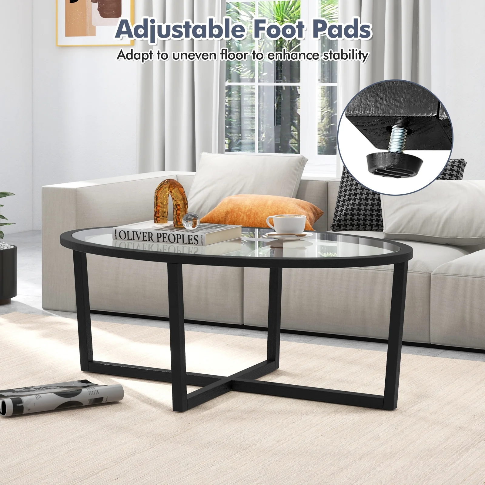 Glass Oval Coffee Table, Cross Base, Acacia Wood Legs, Black - Image 10