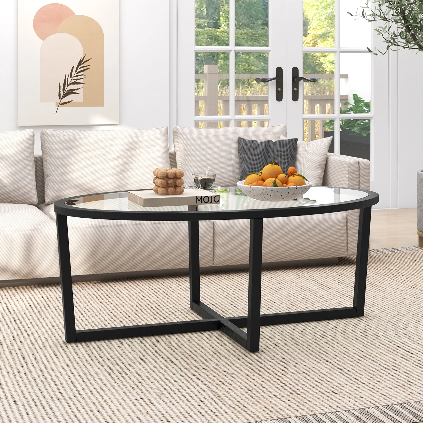 Glass Oval Coffee Table, Cross Base, Acacia Wood Legs, Black - Image 3
