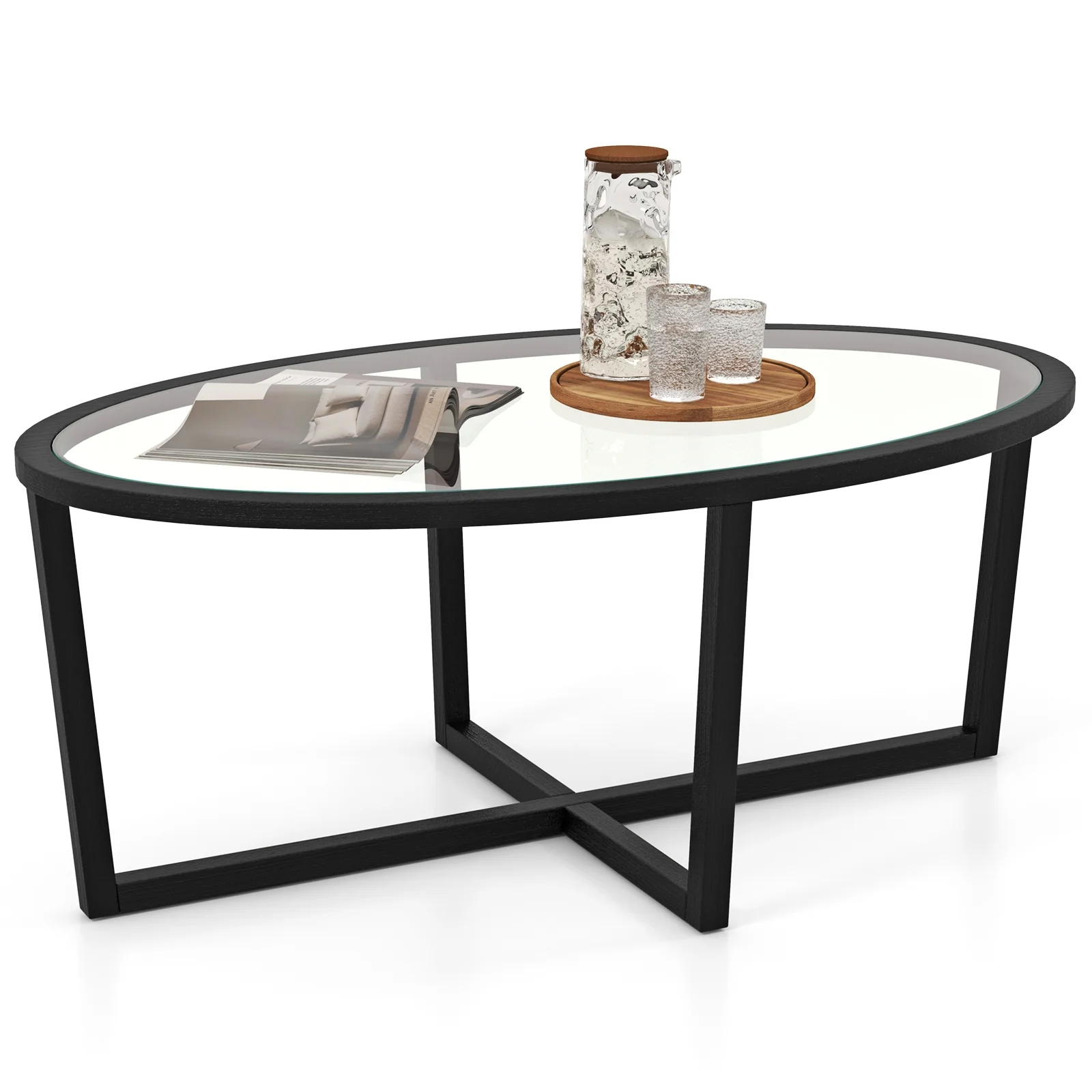Glass Oval Coffee Table, Cross Base, Acacia Wood Legs, Black - Image 5