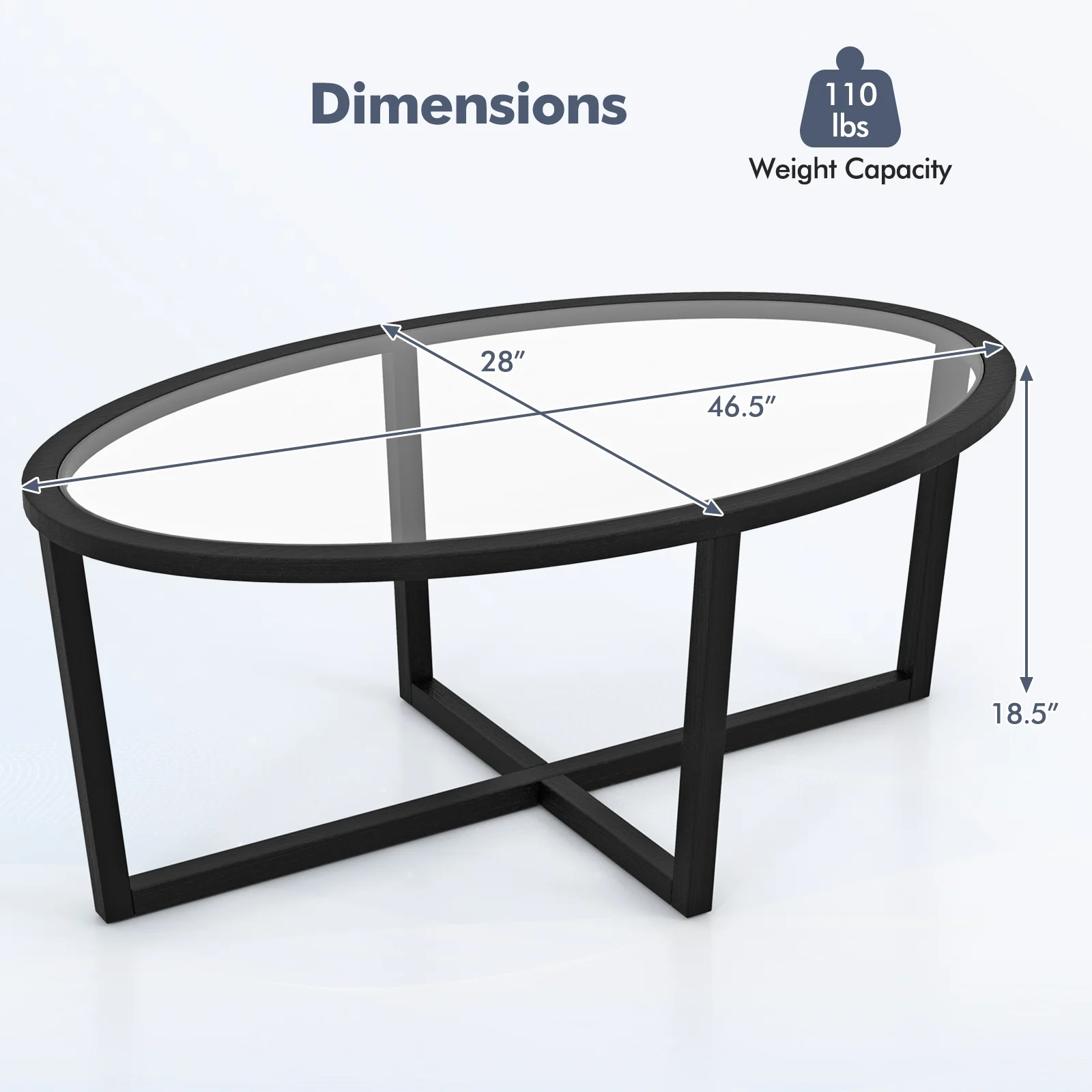 Glass Oval Coffee Table, Cross Base, Acacia Wood Legs, Black - Image 6