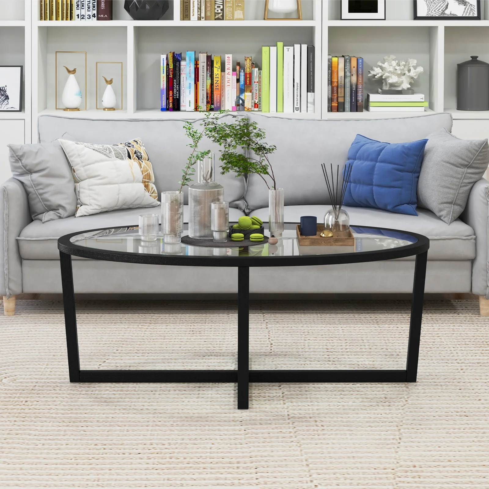 Glass Oval Coffee Table, Cross Base, Acacia Wood Legs, Black - Image 7