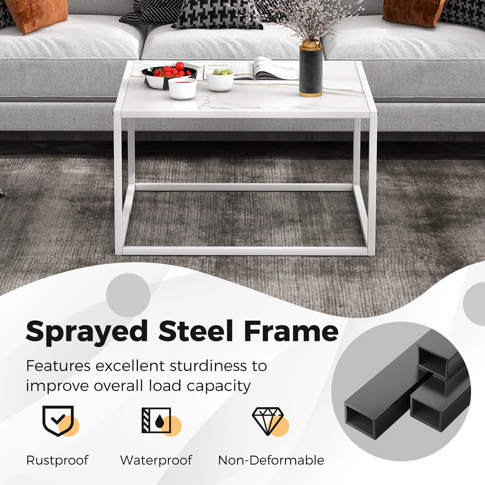 Glass Square Coffee Table, Metal Frame, White - Image 10