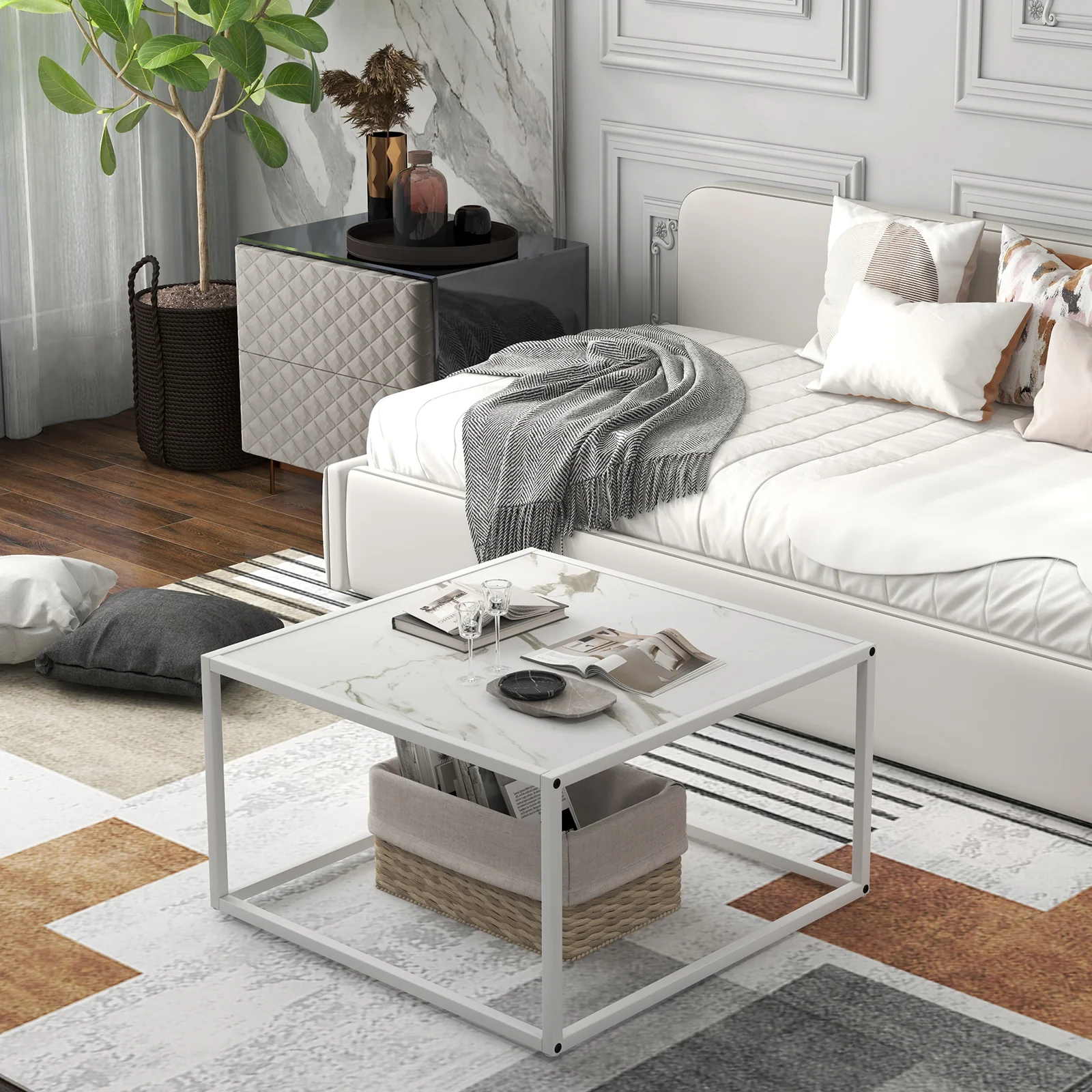 Glass Square Coffee Table, Metal Frame, White - Image 2