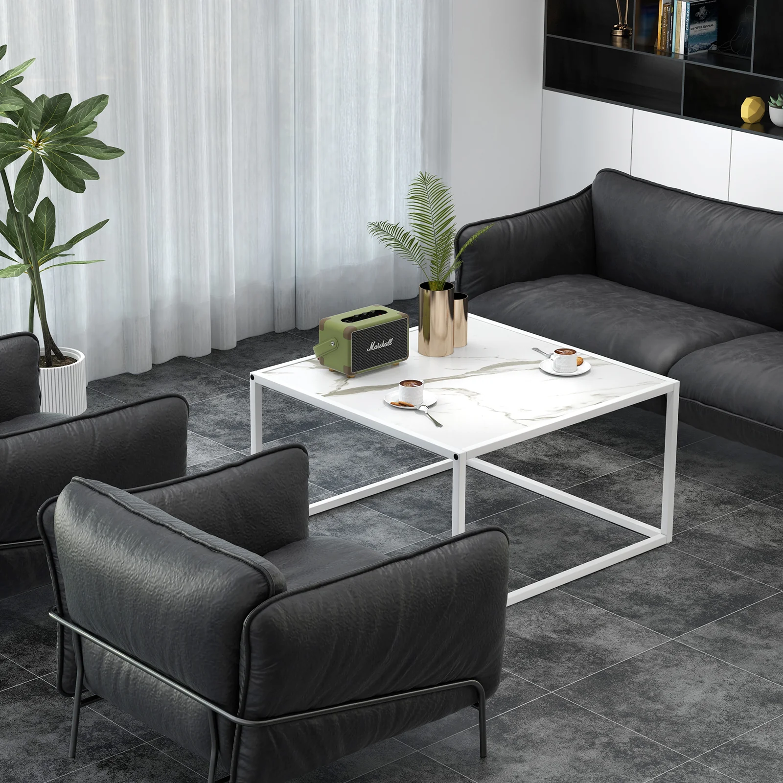 Glass Square Coffee Table, Metal Frame, White - Image 3