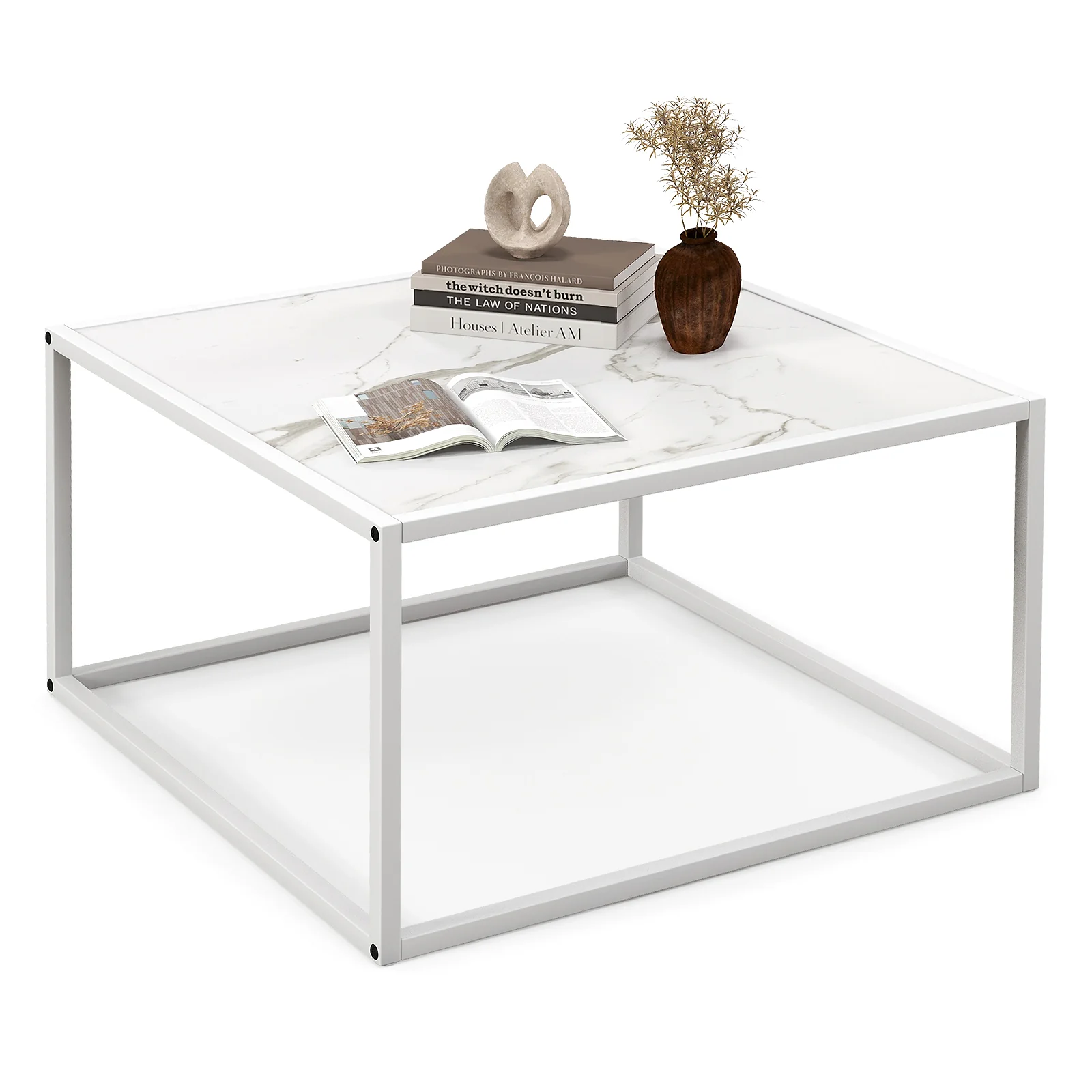 Glass Square Coffee Table, Metal Frame, White - Image 5