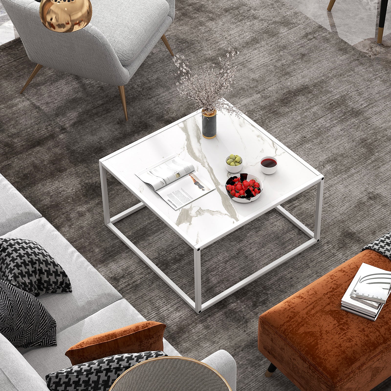 Glass Square Coffee Table, Metal Frame, White - Image 7