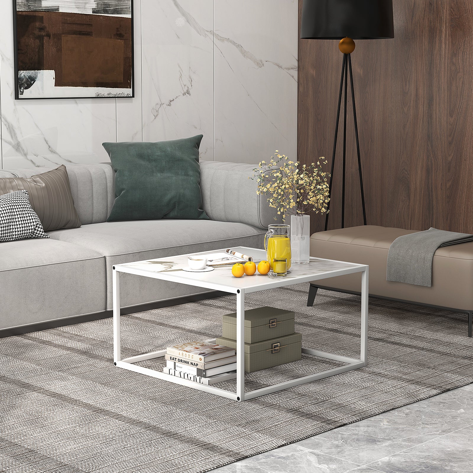 Glass Square Coffee Table, Metal Frame, White - Image 8