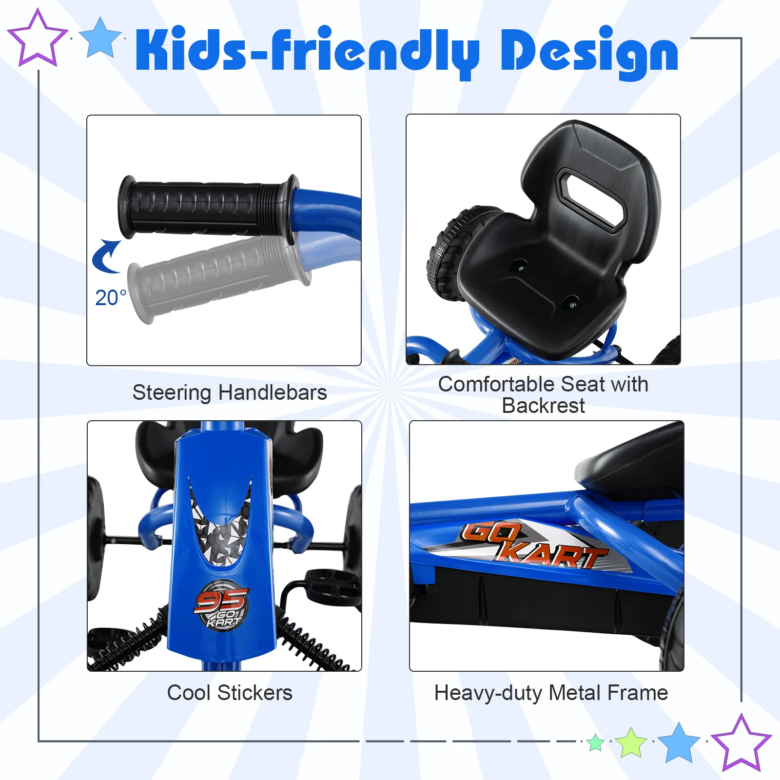 Go Kart for Kids 4 Wheel with Steering Handlebars and Adjustable Seat, Navy - Image 10