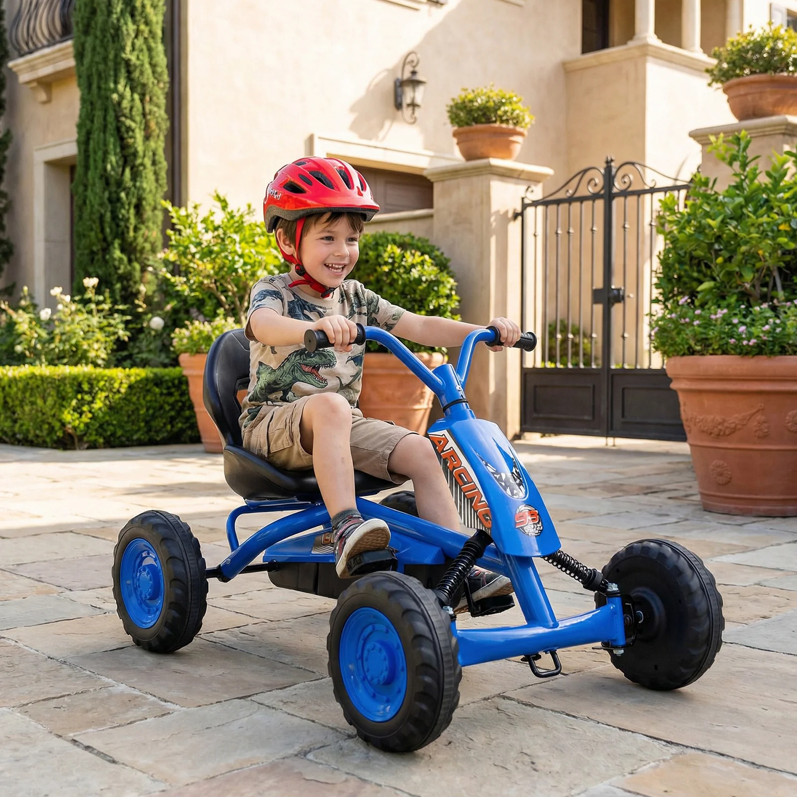 Go Kart for Kids 4 Wheel with Steering Handlebars and Adjustable Seat, Navy - Image 2