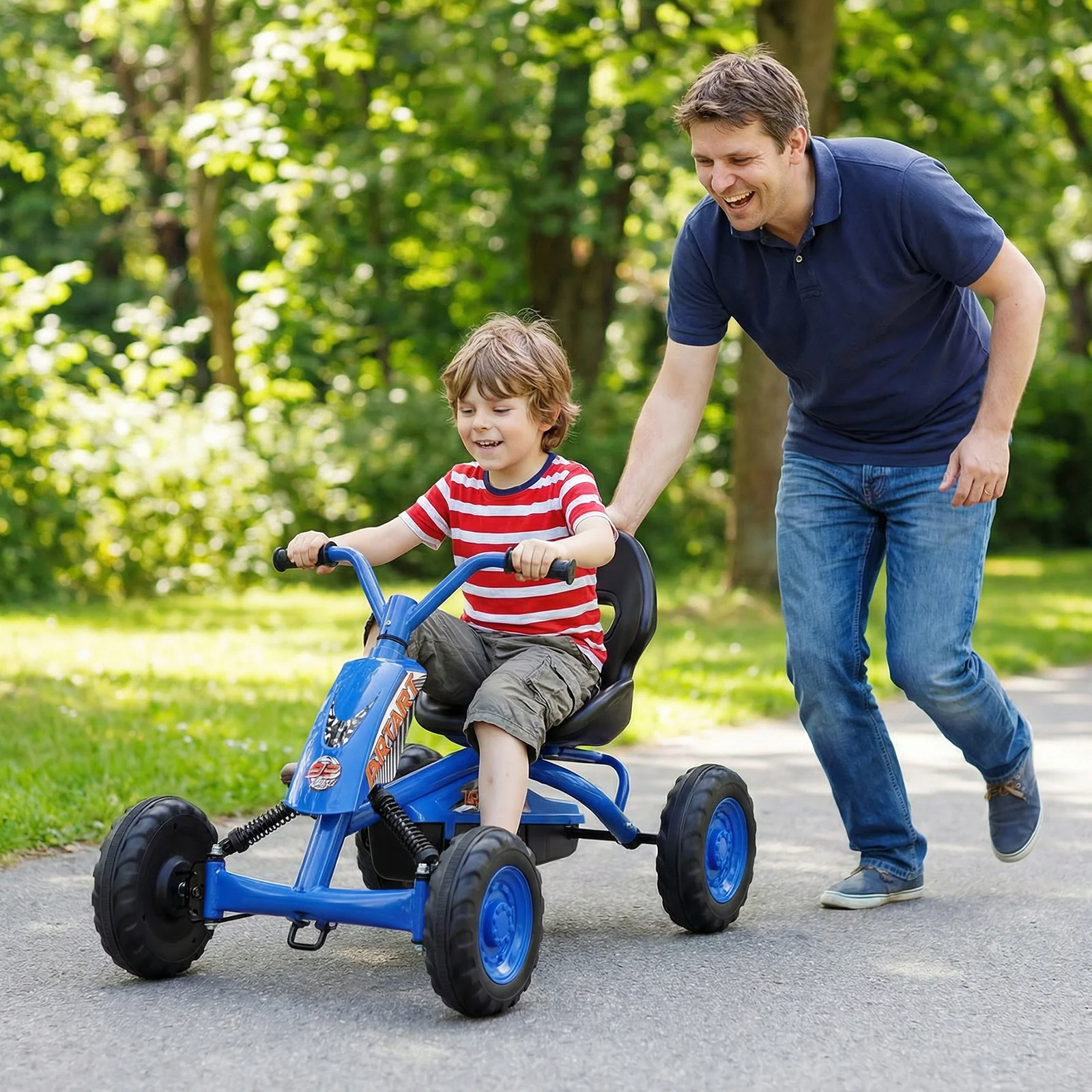 Go Kart for Kids 4 Wheel with Steering Handlebars and Adjustable Seat, Navy - Image 3