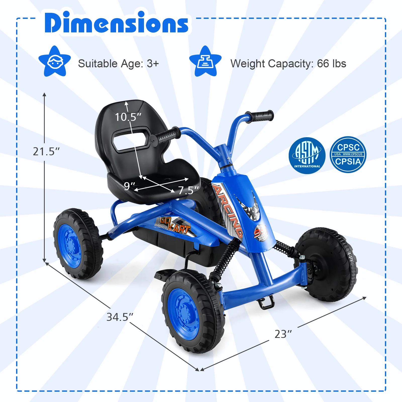 Go Kart for Kids 4 Wheel with Steering Handlebars and Adjustable Seat, Navy - Image 6