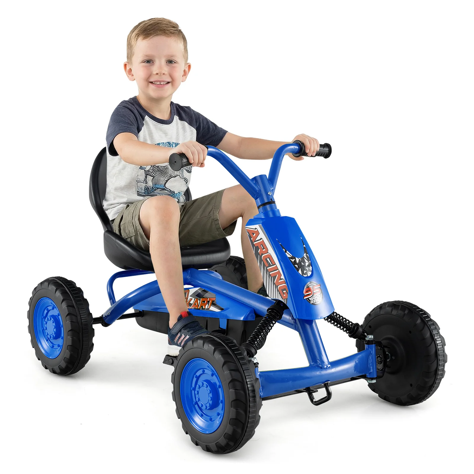 Go Kart for Kids 4 Wheel with Steering Handlebars and Adjustable Seat, Navy - Image 7