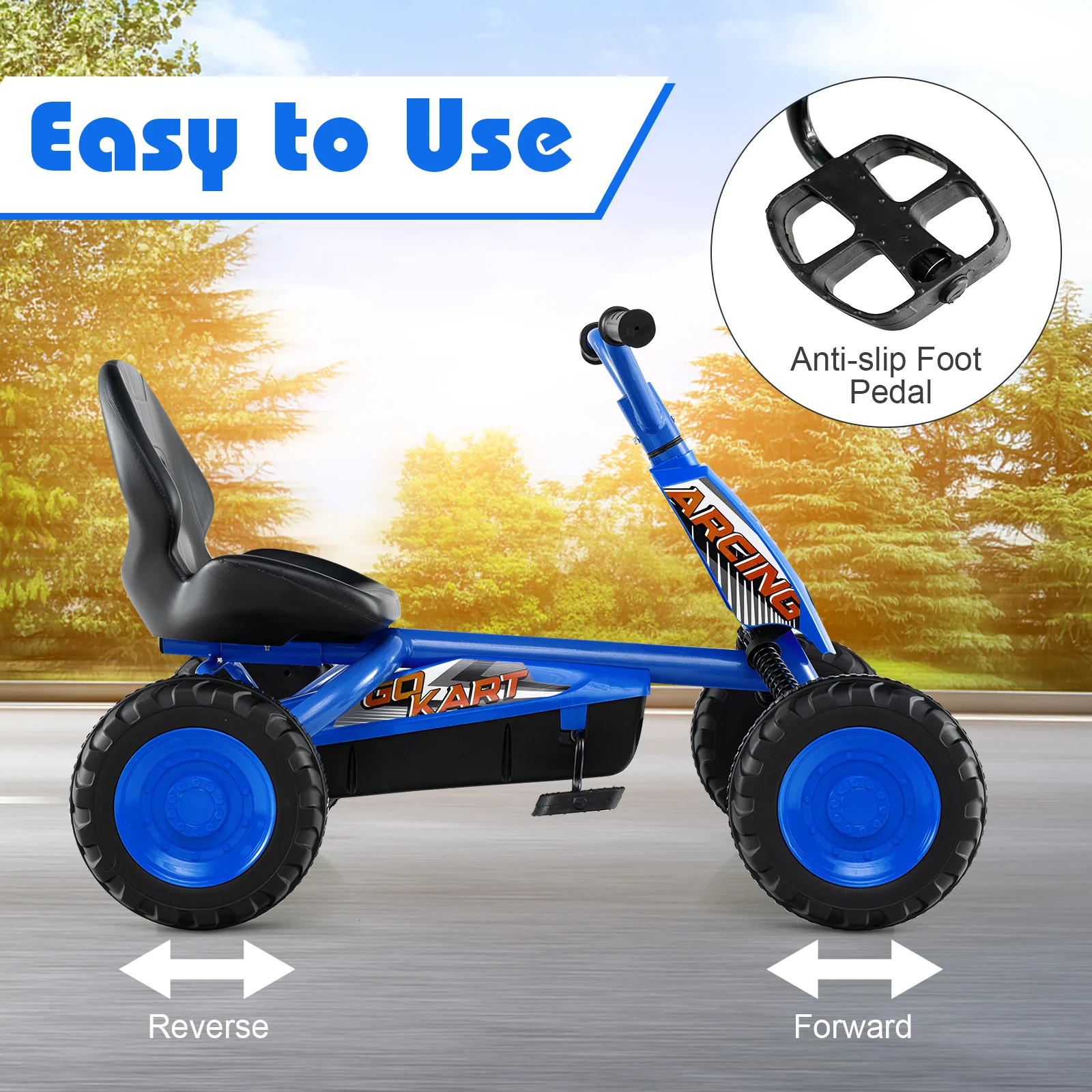 Go Kart for Kids 4 Wheel with Steering Handlebars and Adjustable Seat, Navy - Image 8