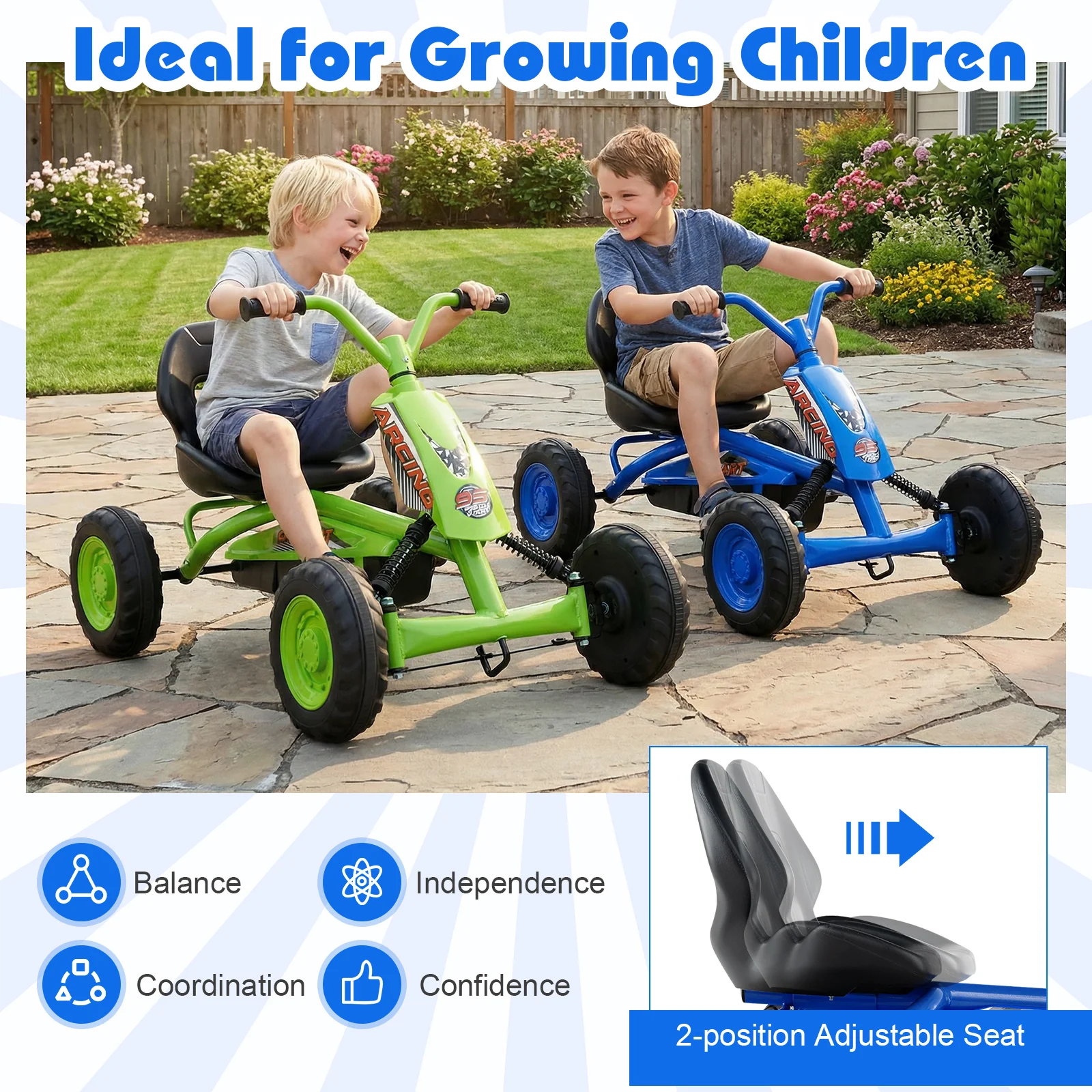 Go Kart for Kids 4 Wheel with Steering Handlebars and Adjustable Seat, Navy - Image 9