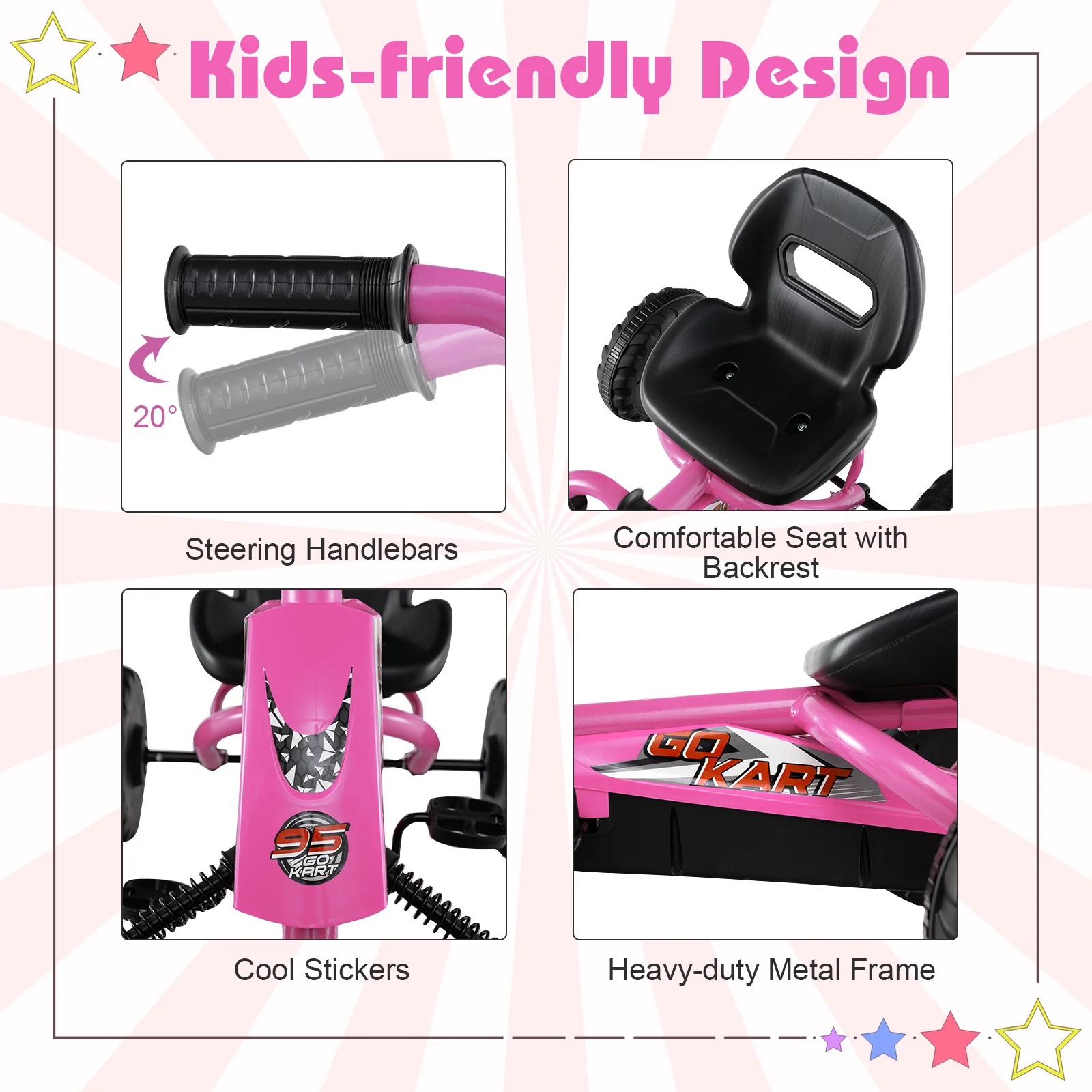 Go Kart for Kids 4 Wheel with Steering Handlebars and Adjustable Seat, Pink - Image 10