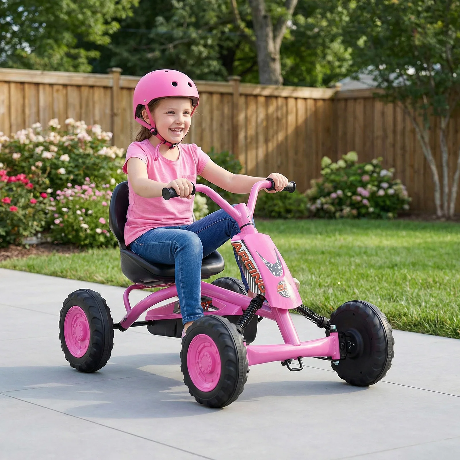 Go Kart for Kids 4 Wheel with Steering Handlebars and Adjustable Seat, Pink - Image 2