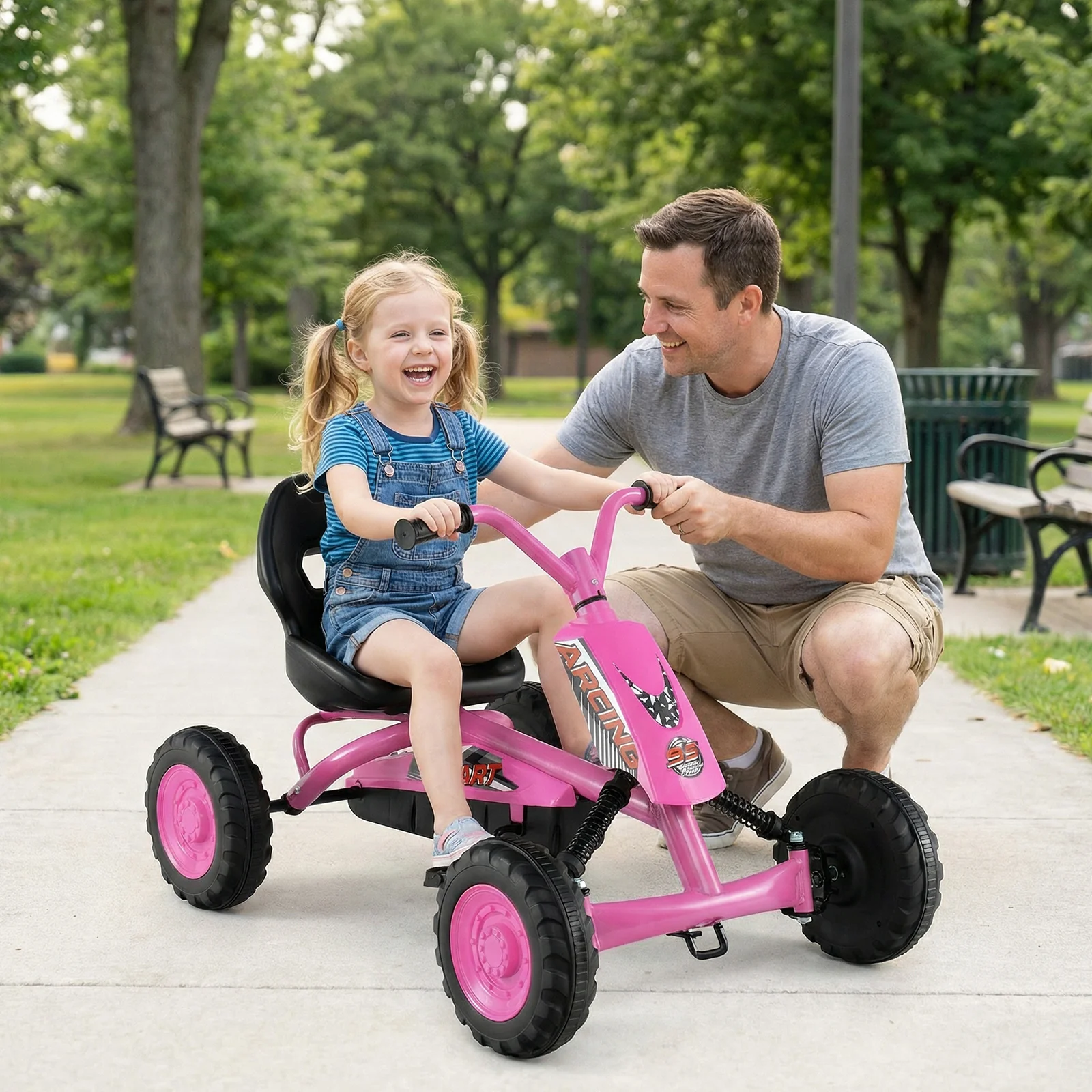 Go Kart for Kids 4 Wheel with Steering Handlebars and Adjustable Seat, Pink - Image 3