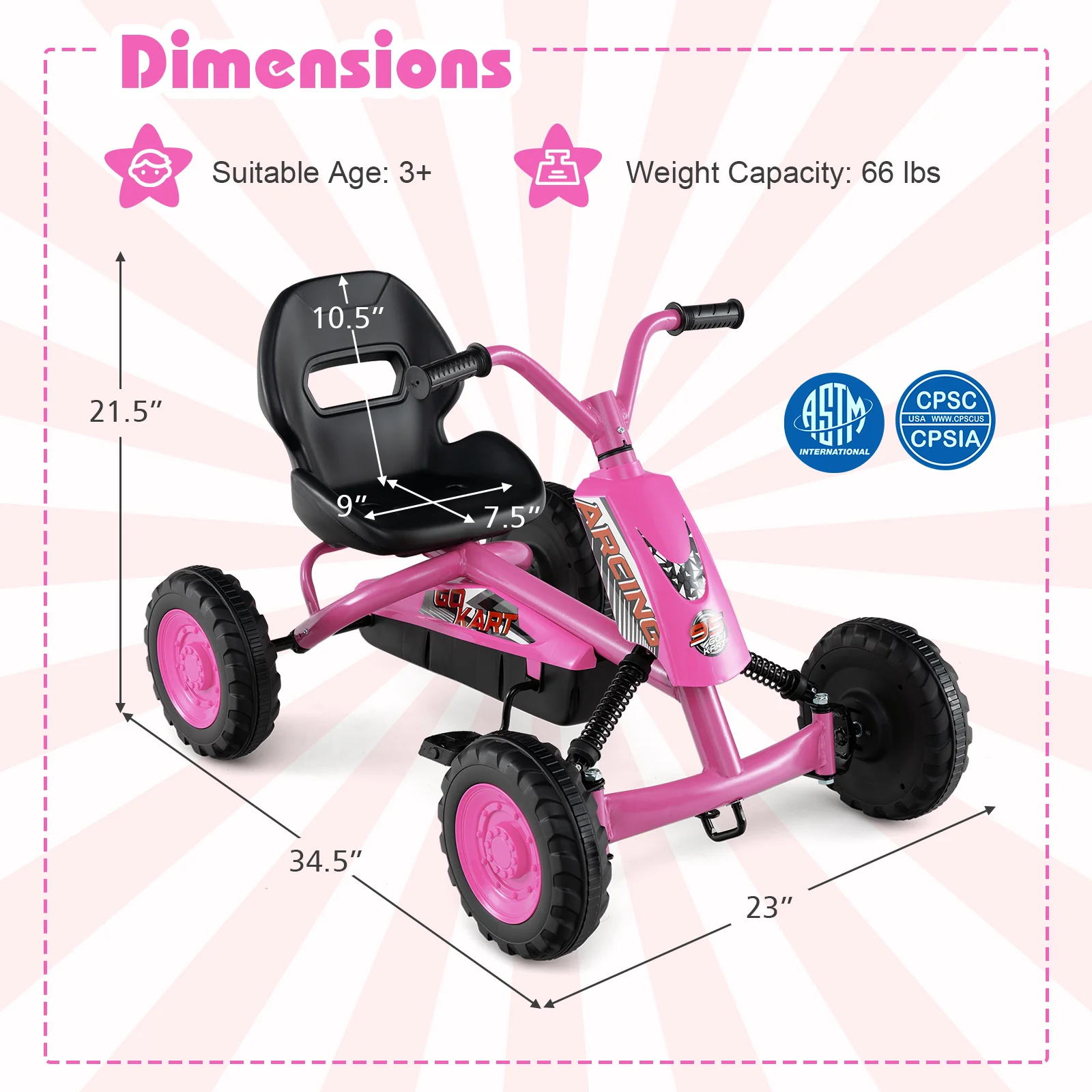 Go Kart for Kids 4 Wheel with Steering Handlebars and Adjustable Seat, Pink - Image 6