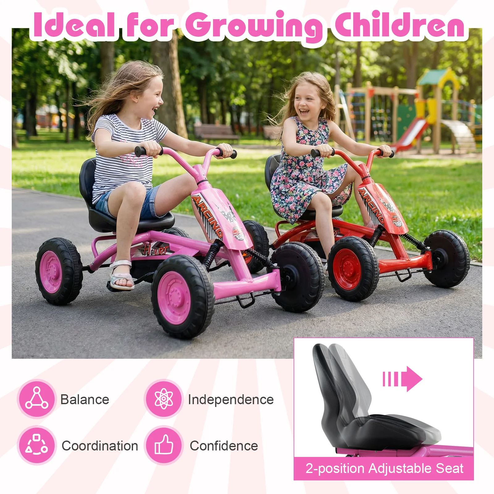 Go Kart for Kids 4 Wheel with Steering Handlebars and Adjustable Seat, Pink - Image 8