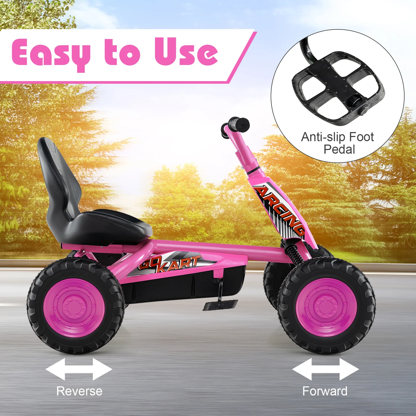 Go Kart for Kids 4 Wheel with Steering Handlebars and Adjustable Seat, Pink - Image 9