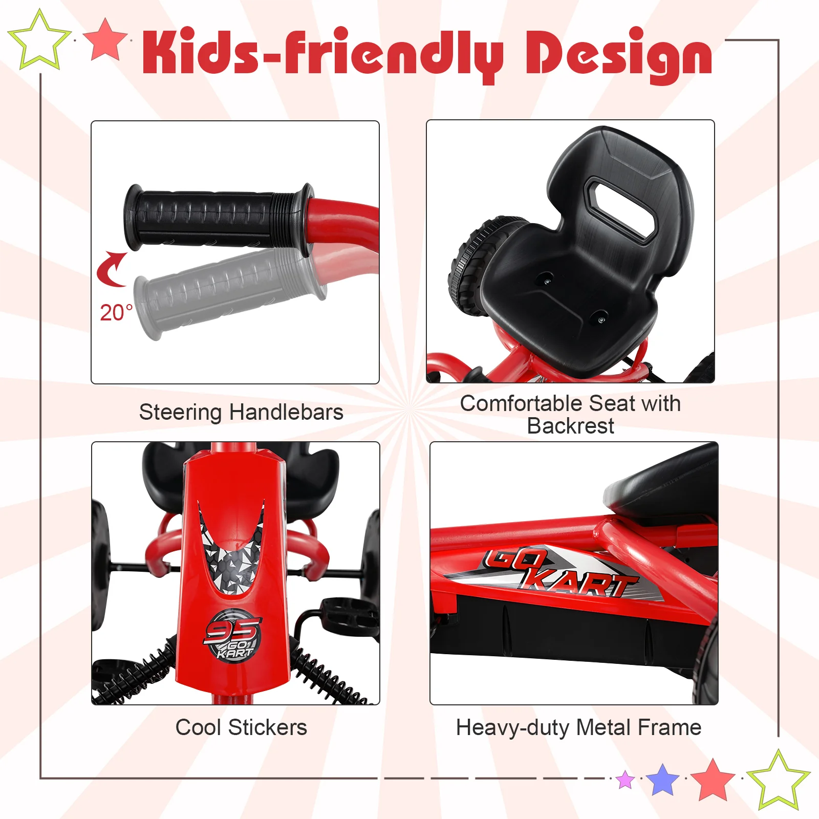 Go Kart for Kids 4 Wheel with Steering Handlebars and Adjustable Seat, Red - Image 10