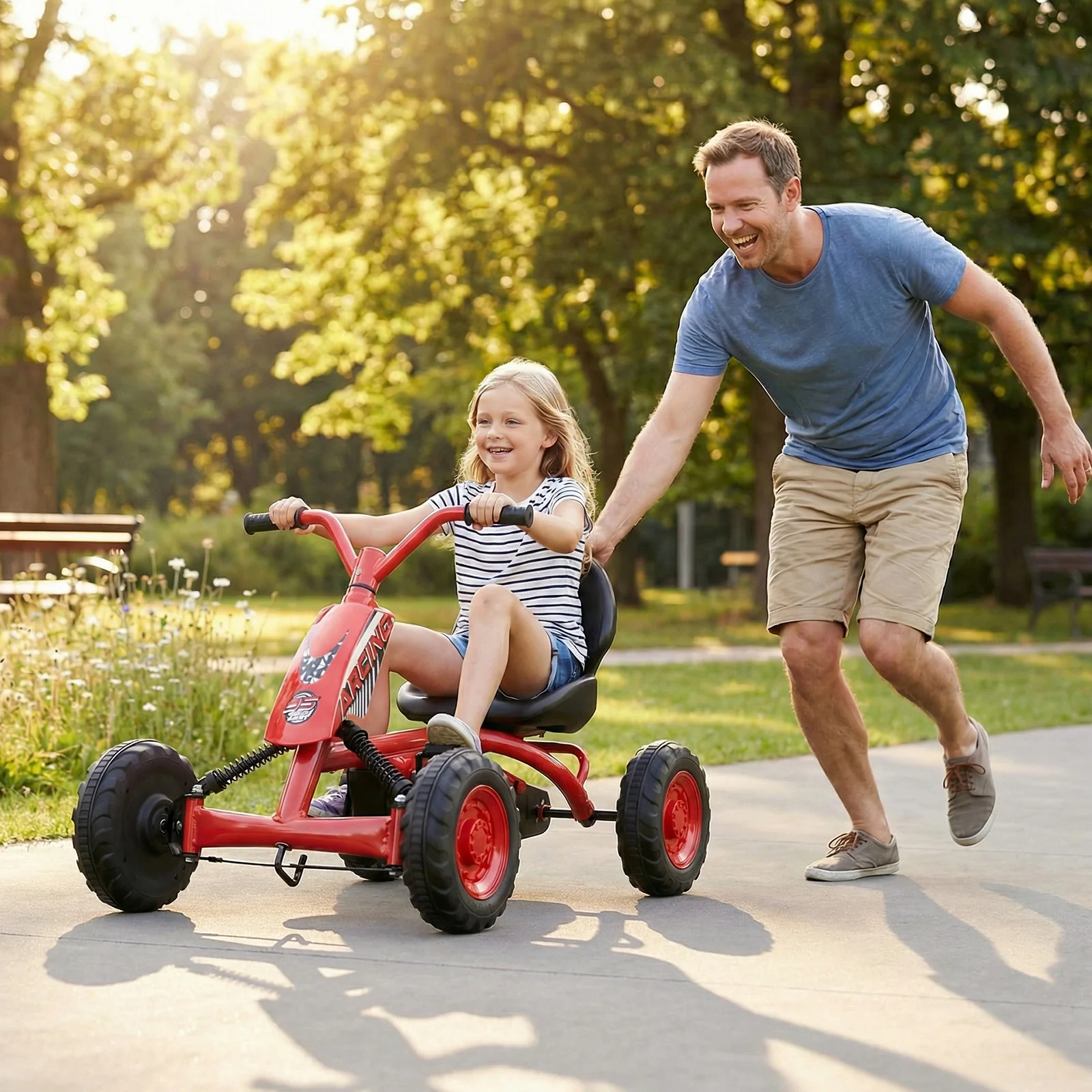 Go Kart for Kids 4 Wheel with Steering Handlebars and Adjustable Seat, Red - Image 2