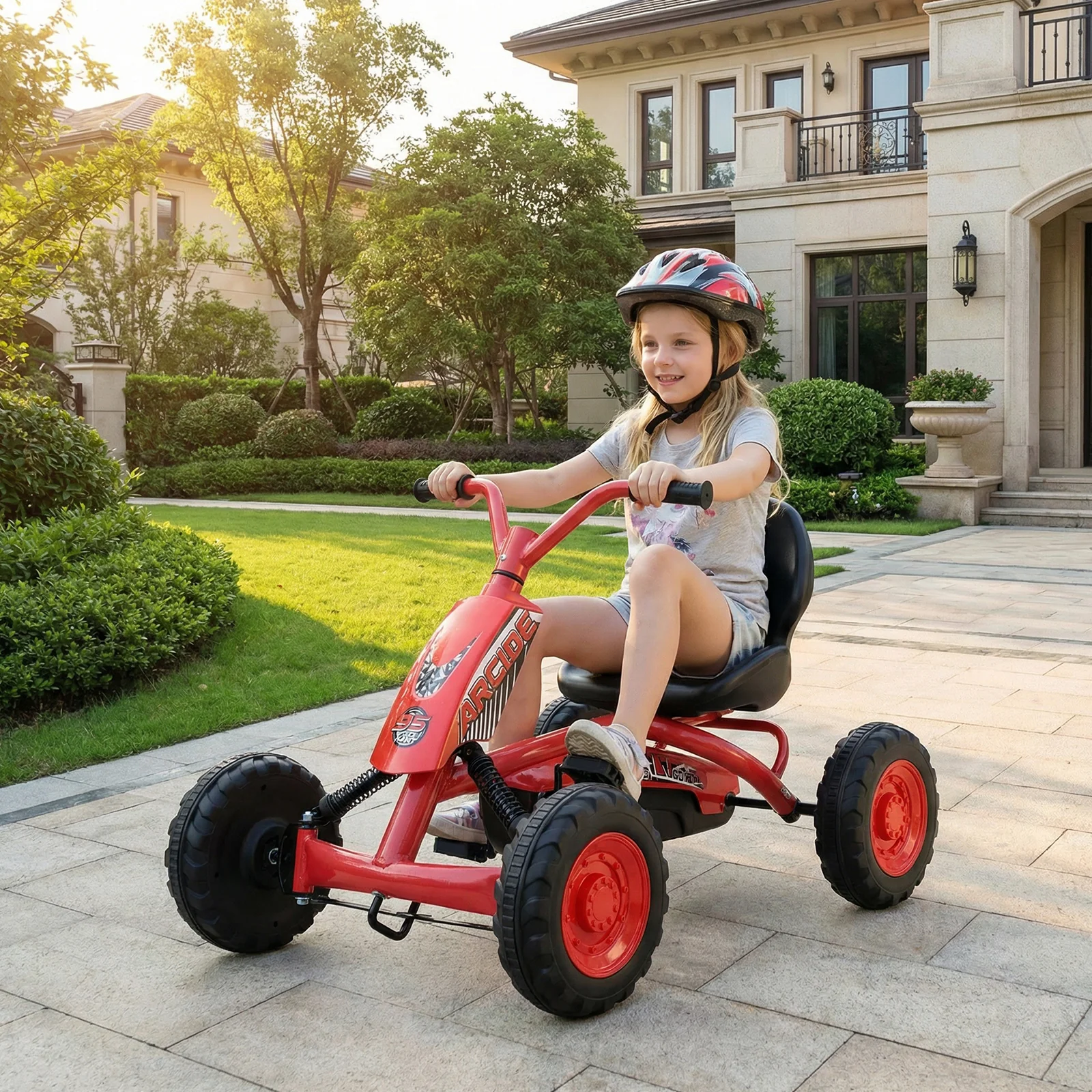 Go Kart for Kids 4 Wheel with Steering Handlebars and Adjustable Seat, Red - Image 3
