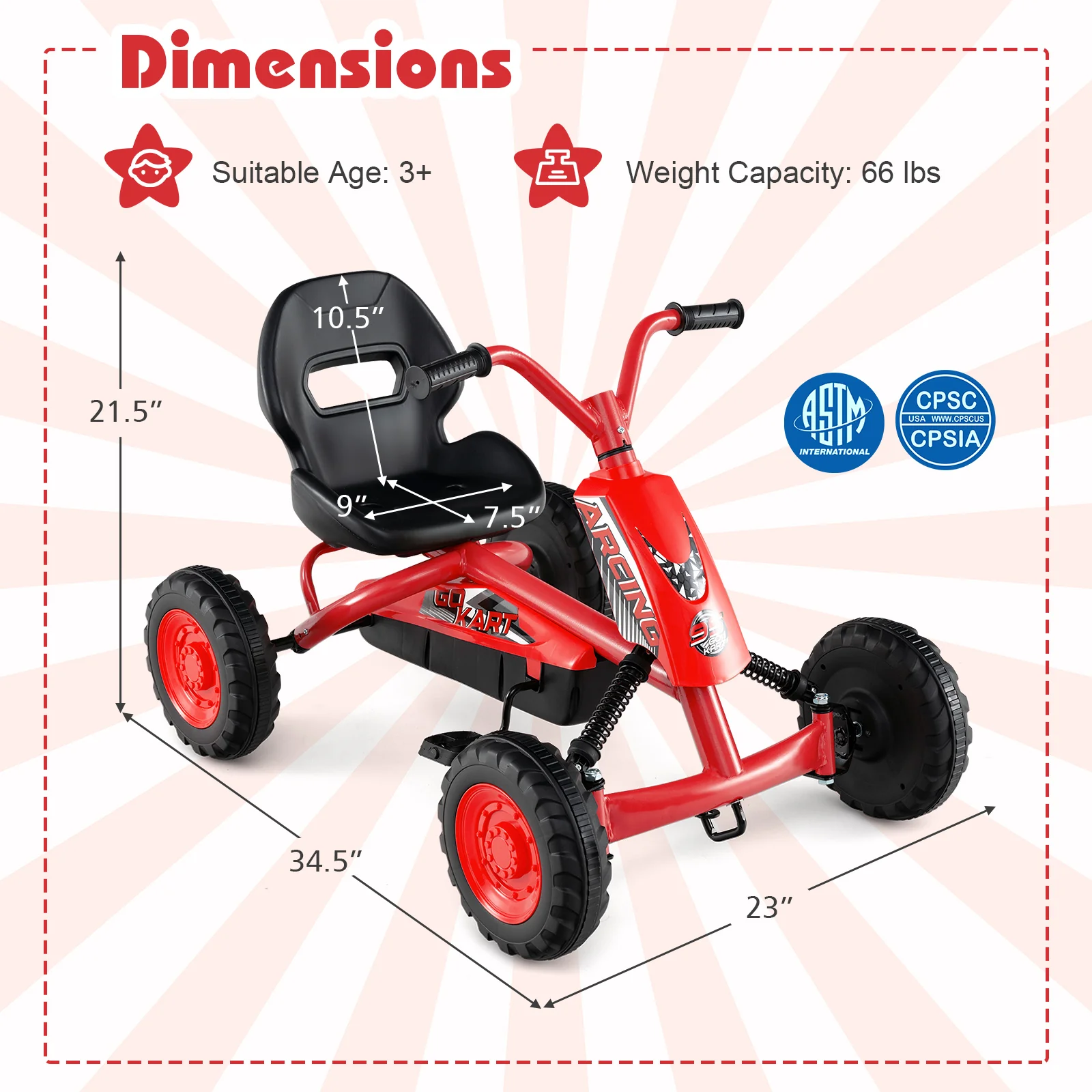Go Kart for Kids 4 Wheel with Steering Handlebars and Adjustable Seat, Red - Image 6