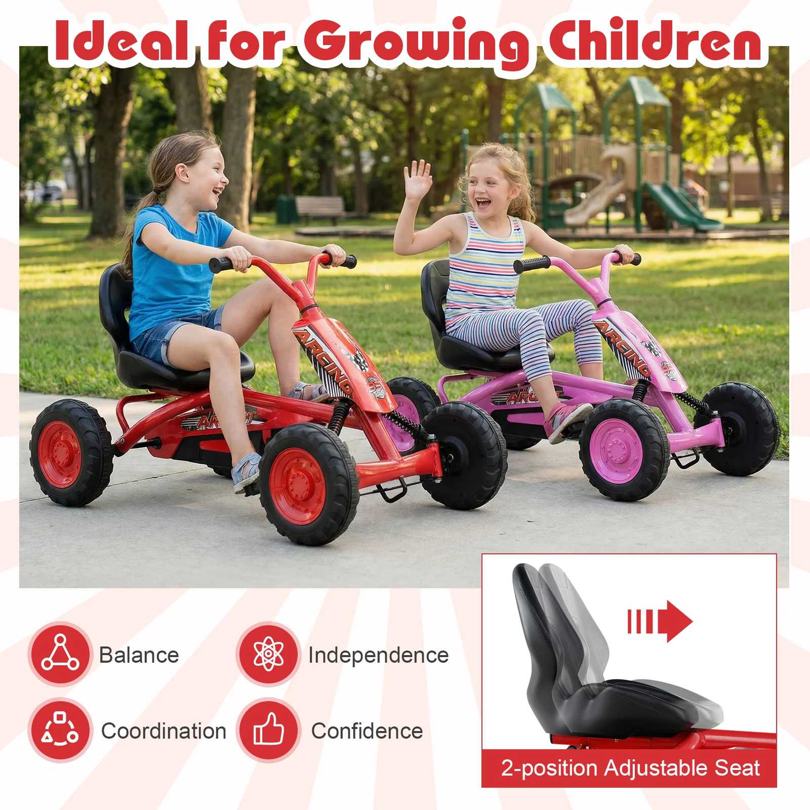 Go Kart for Kids 4 Wheel with Steering Handlebars and Adjustable Seat, Red - Image 8