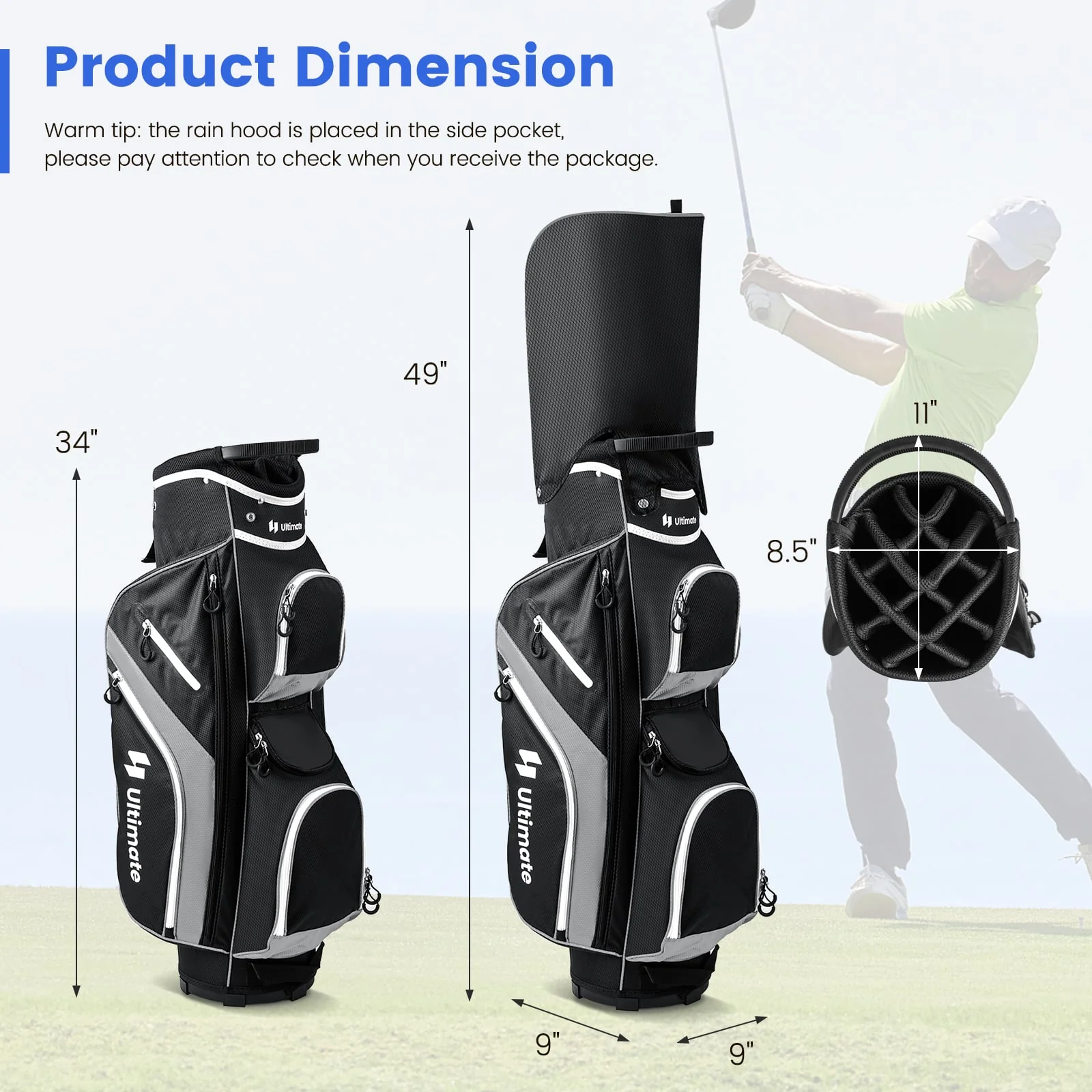 Golf Cart Bag, 14 Way Top Dividers, Gray - Image 6