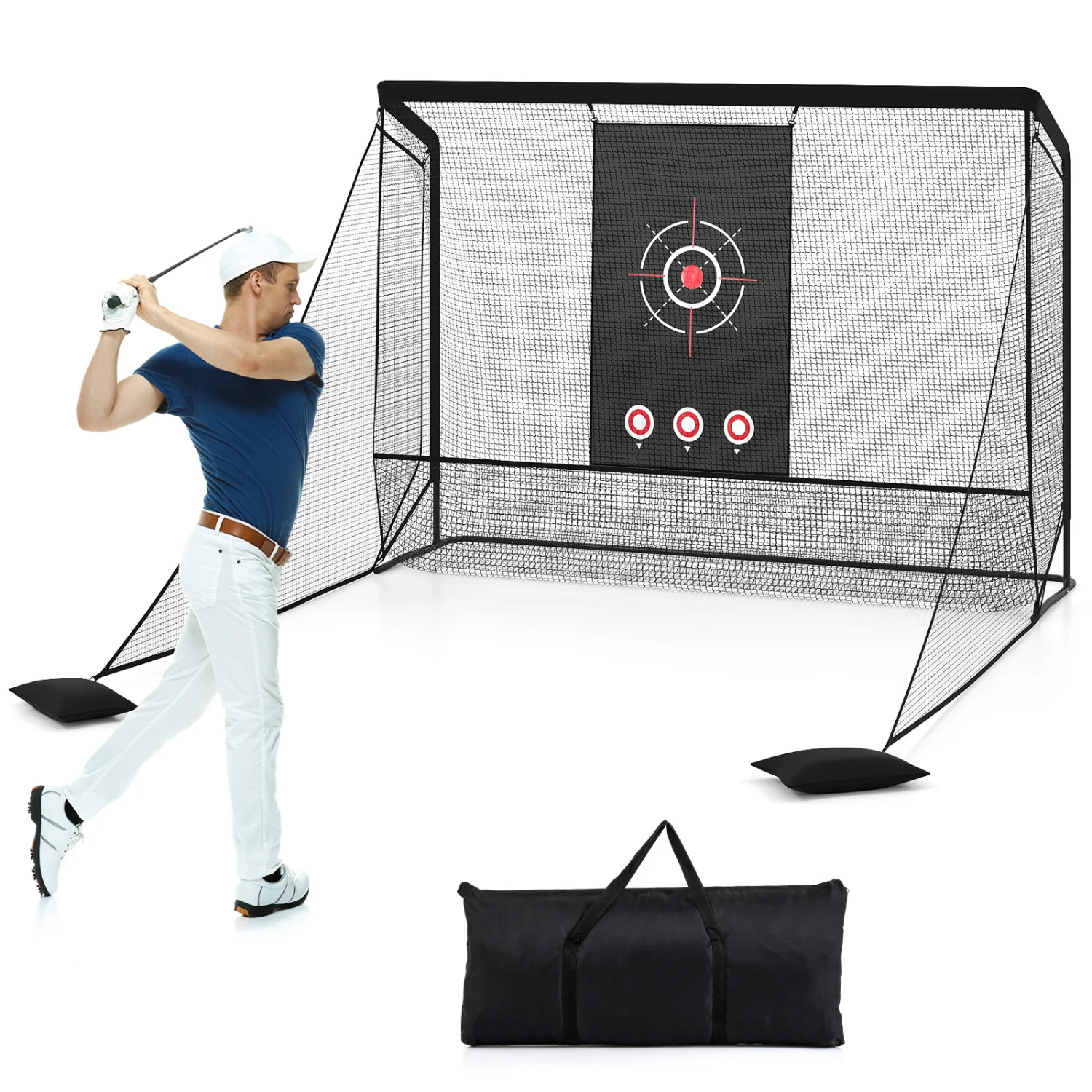 Golf Practice Hitting Net Cage, Dual Side Barriers, Target Cloth, Metal Frame