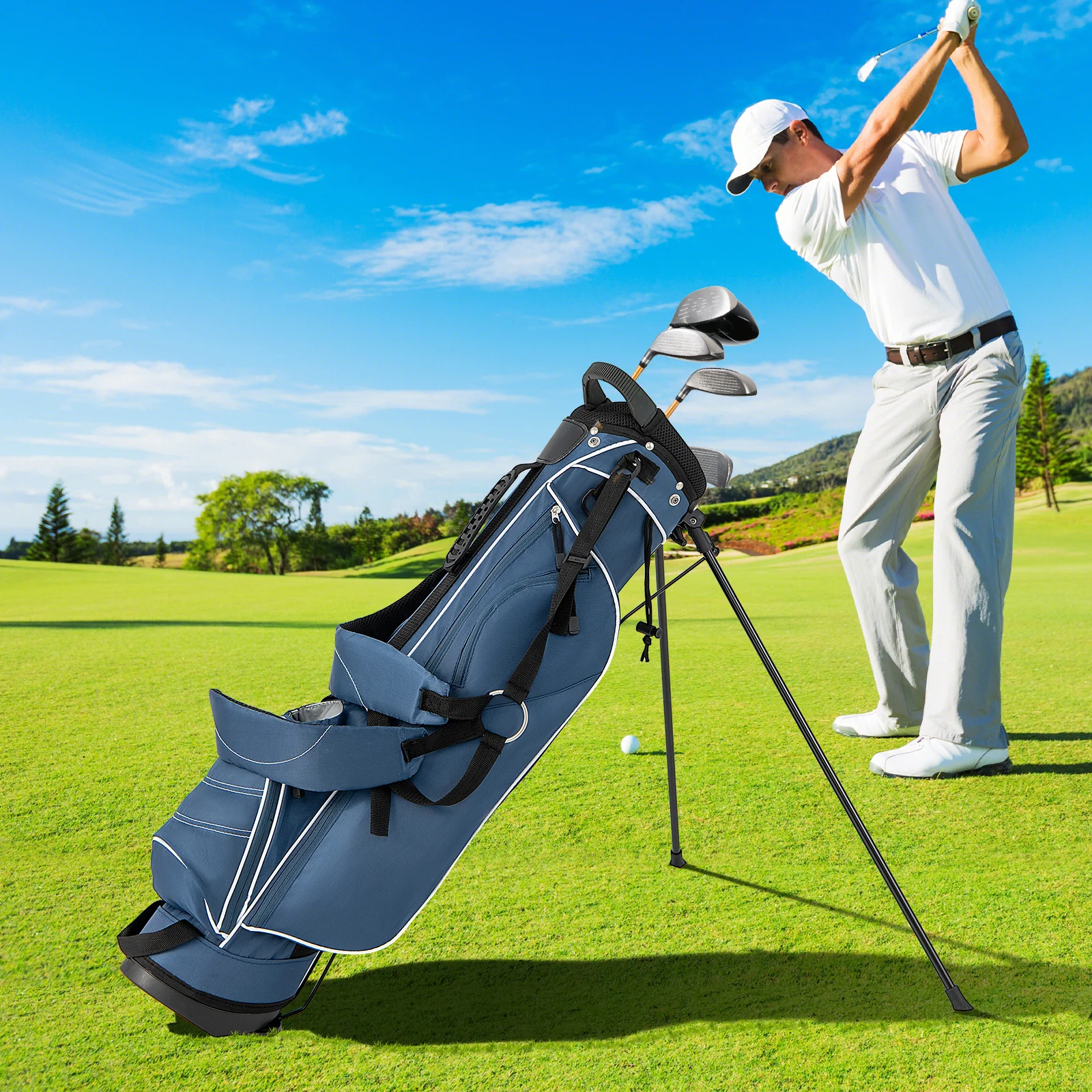Golf Stand Cart Bag, 4 Way Divider, Blue - Image 2