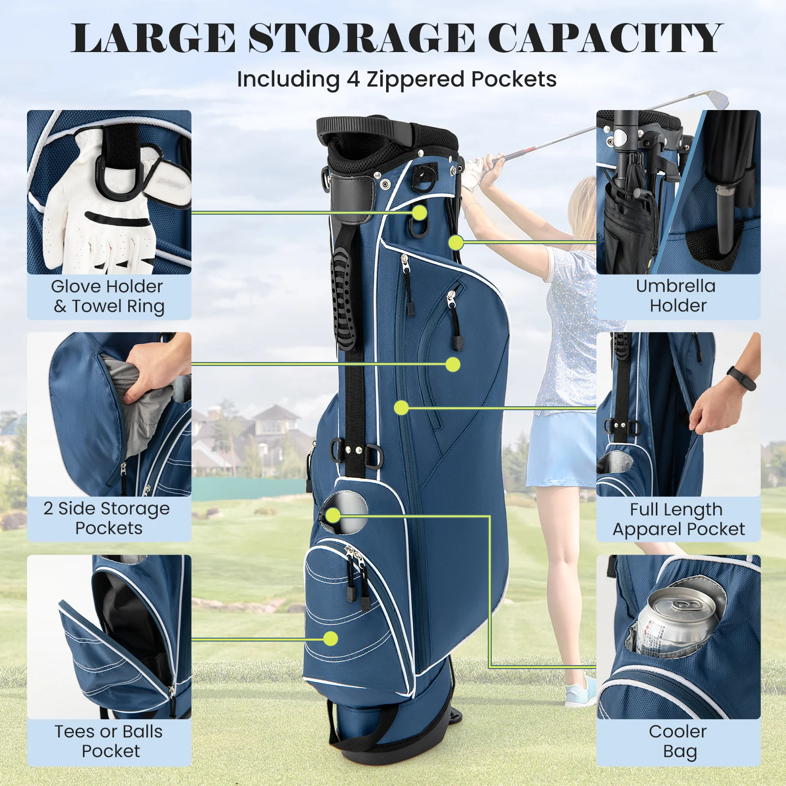 Golf Stand Cart Bag, 4 Way Divider, Blue - Image 9