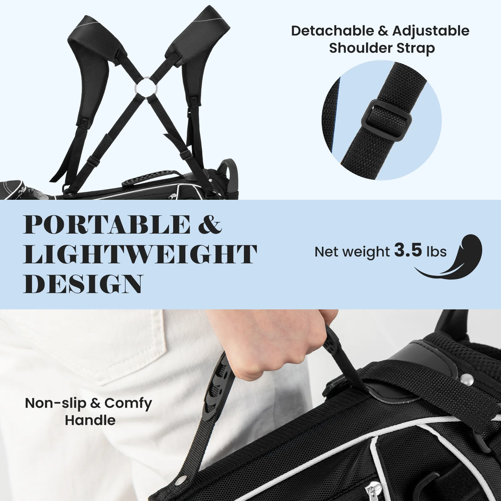 Golf Stand Cart Bag, 4 Way Divider, Carry Organizer Pockets, Black - Image 7