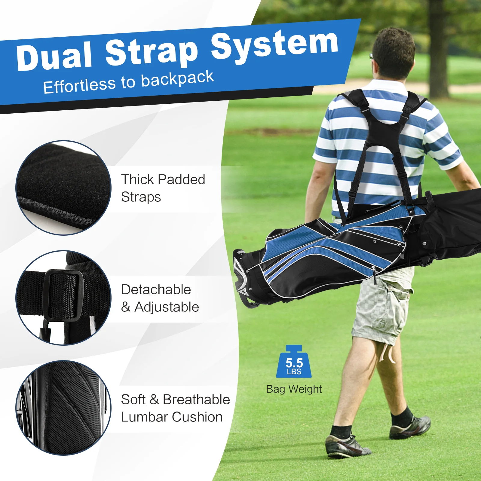 Golf Stand Cart Bag, 6-Way Divider, Carry Pockets, Blue - Image 5