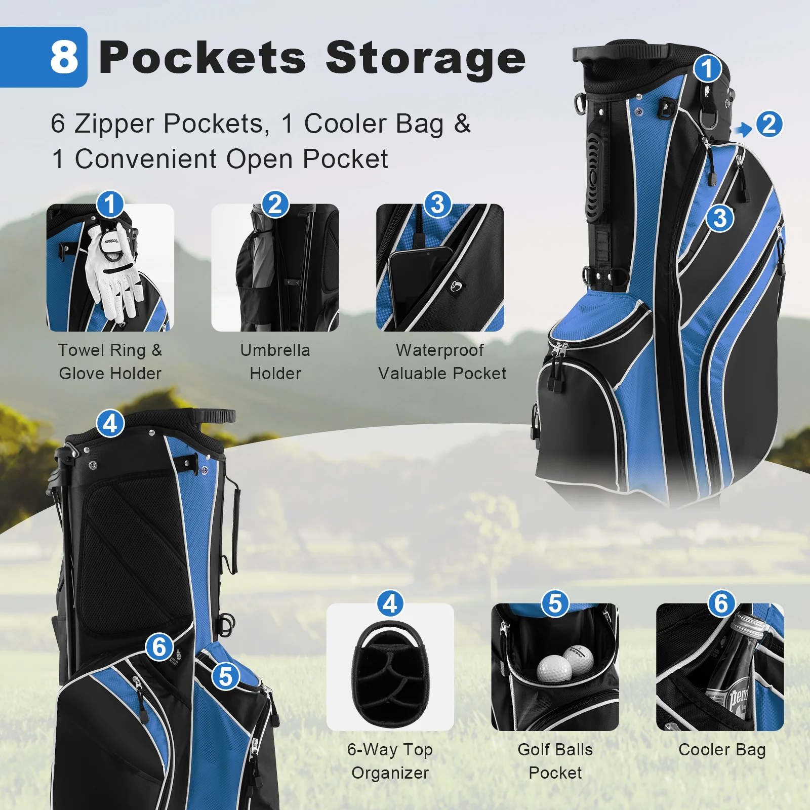 Golf Stand Cart Bag, 6-Way Divider, Carry Pockets, Blue - Image 6
