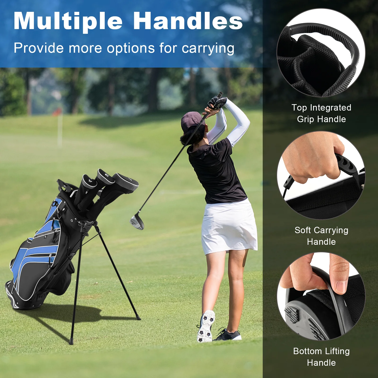 Golf Stand Cart Bag, 6-Way Divider, Carry Pockets, Blue - Image 8