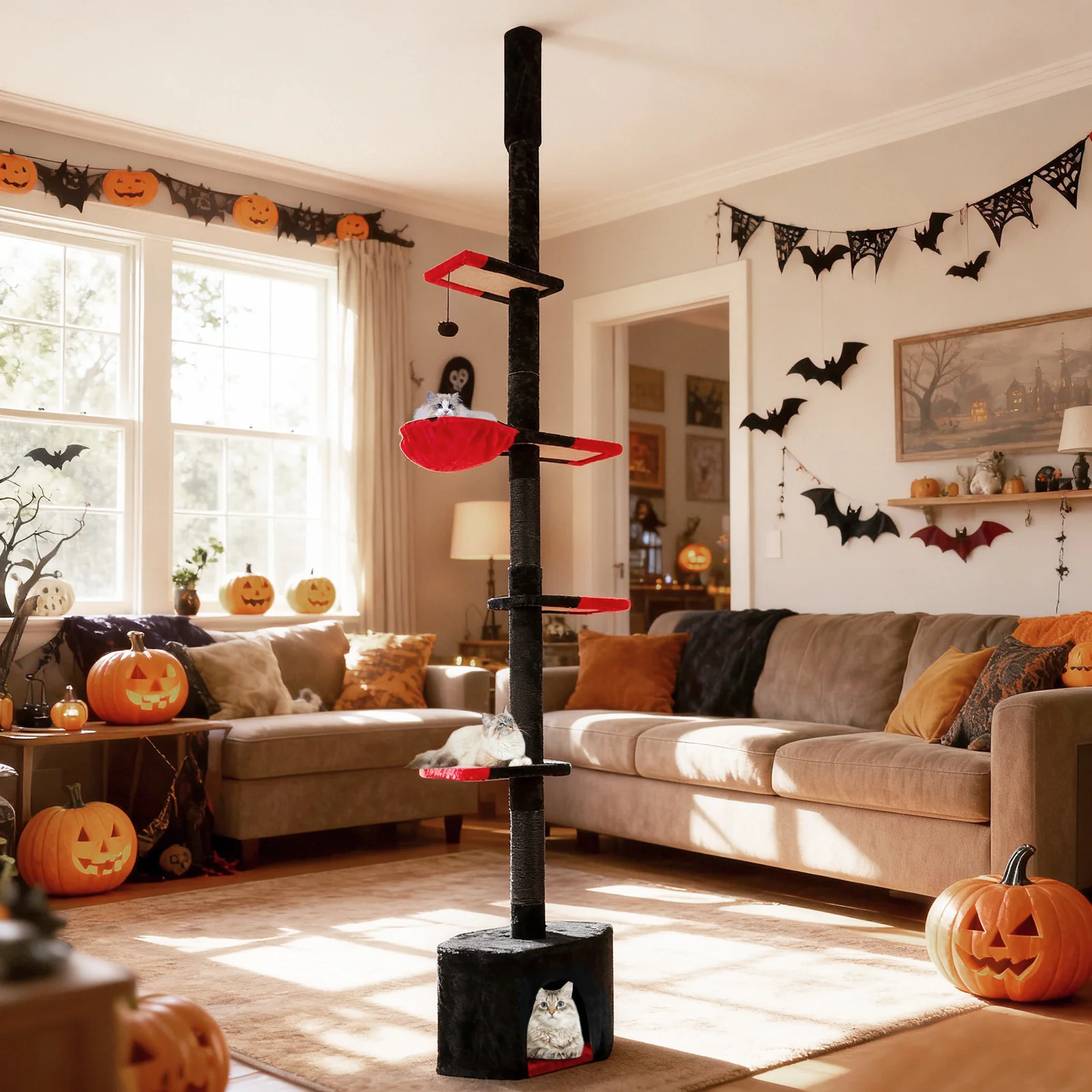 Gothic Cat Tree, 97-118 Inches, 5-Tier With Condo, Black, Red - Image 2