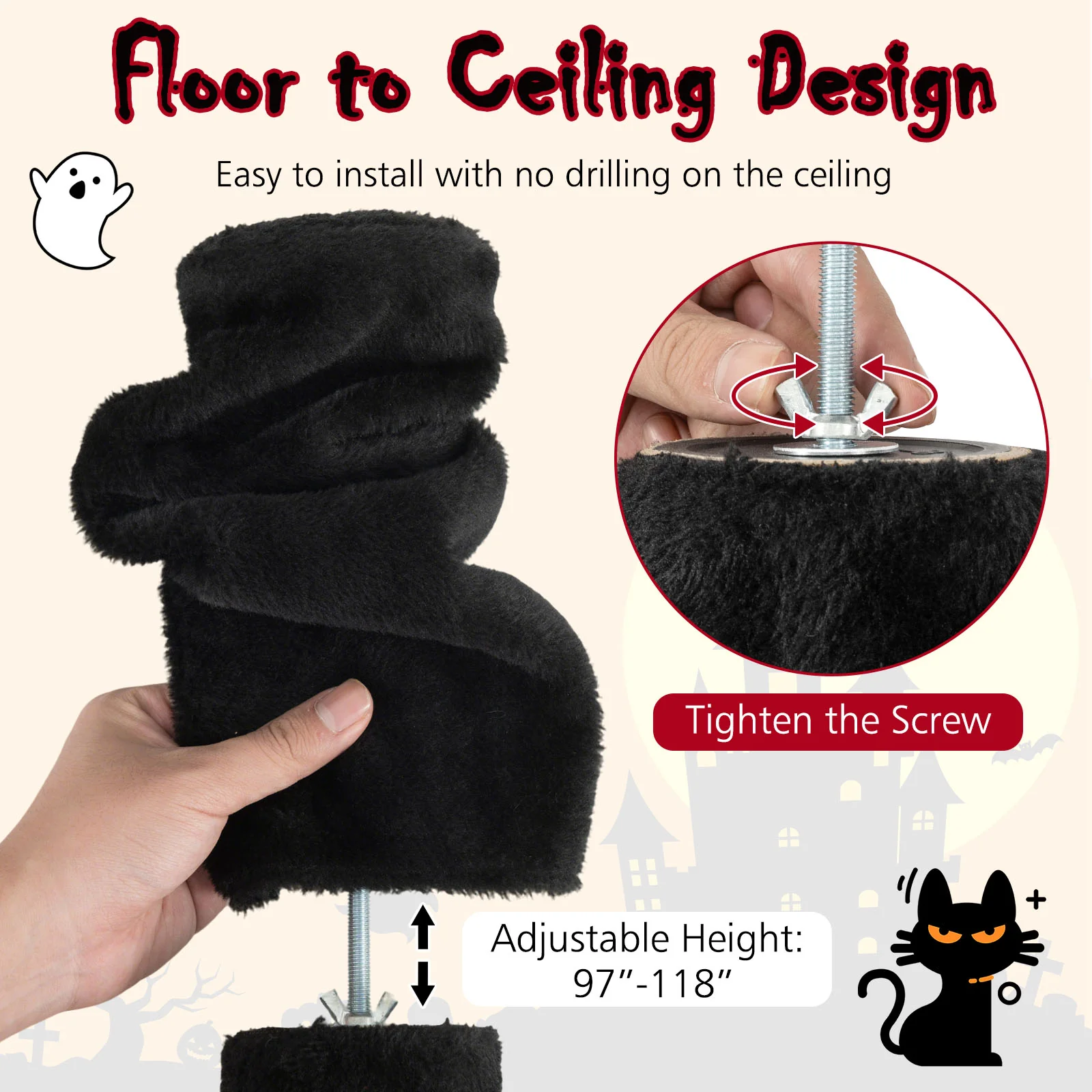 Gothic Cat Tree, 97-118 Inches, 5-Tier With Condo, Black, Red - Image 6