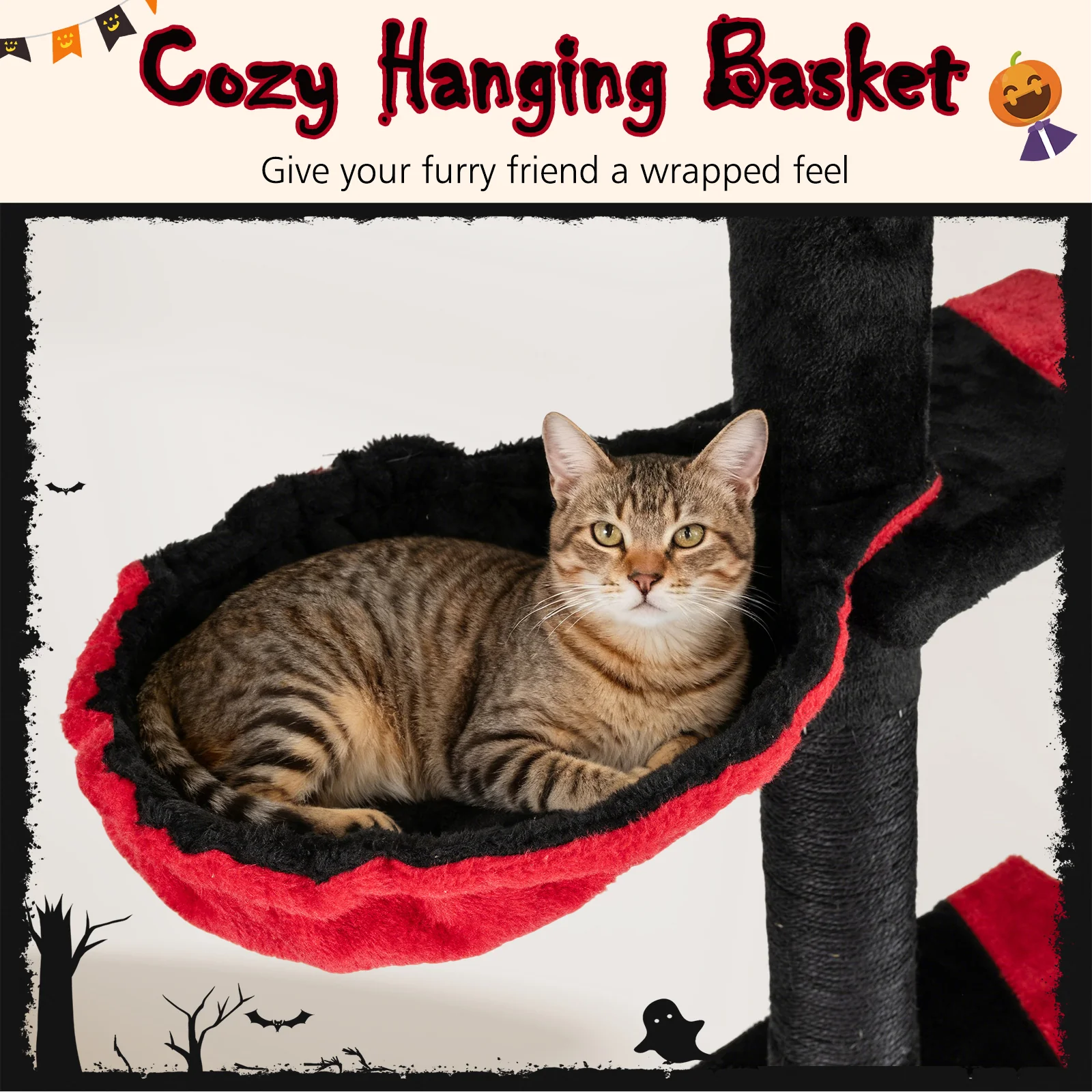 Gothic Cat Tree, 97-118 Inches, 5-Tier With Condo, Black, Red - Image 8