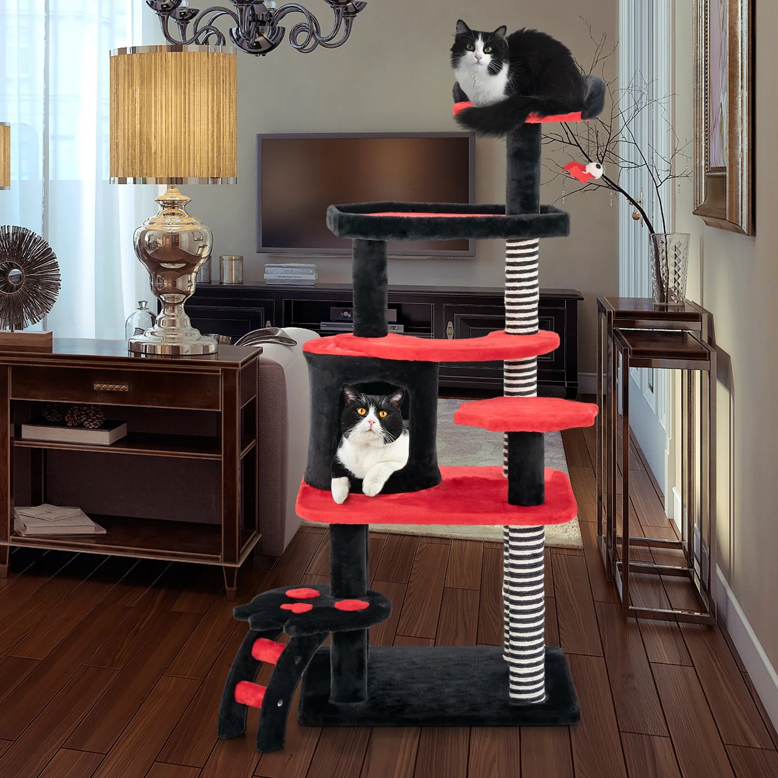 Gothic Cat Tree With Bed, Condo, Sisal Scratching Post, Red, Black - Image 7