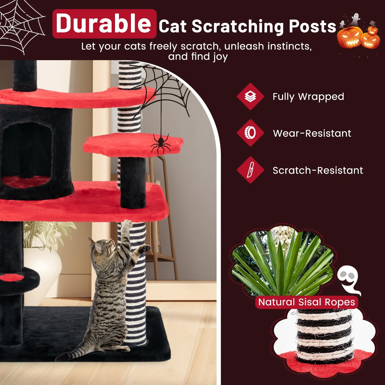 Gothic Cat Tree With Bed, Condo, Sisal Scratching Post, Red, Black - Image 9
