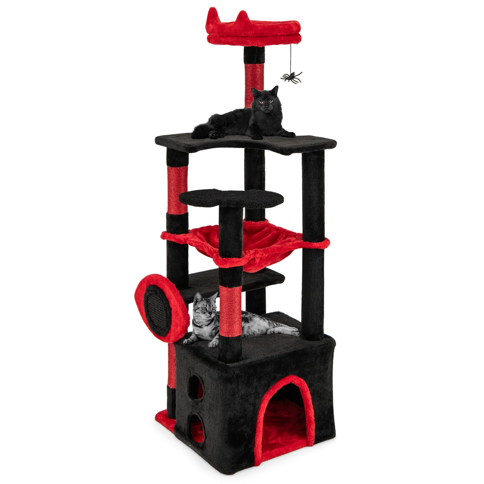 Gothic Cat Tree With Plush Perch, Spider Dangling Toy, Red, Black