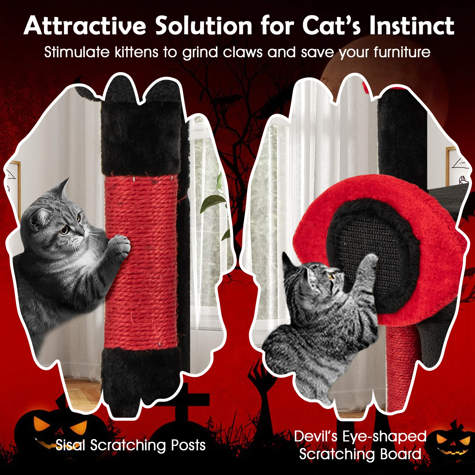 Gothic Cat Tree With Plush Perch, Spider Dangling Toy, Red, Black - Image 10