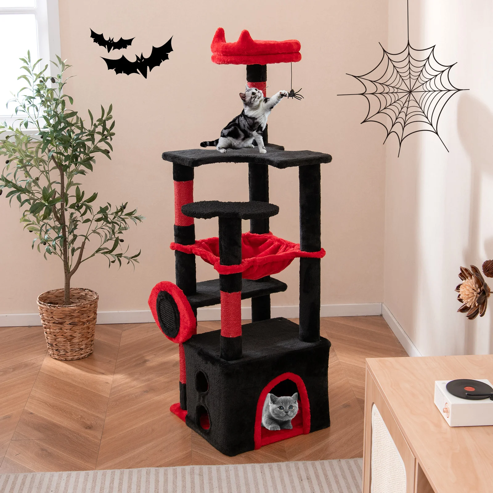 Gothic Cat Tree With Plush Perch, Spider Dangling Toy, Red, Black - Image 2