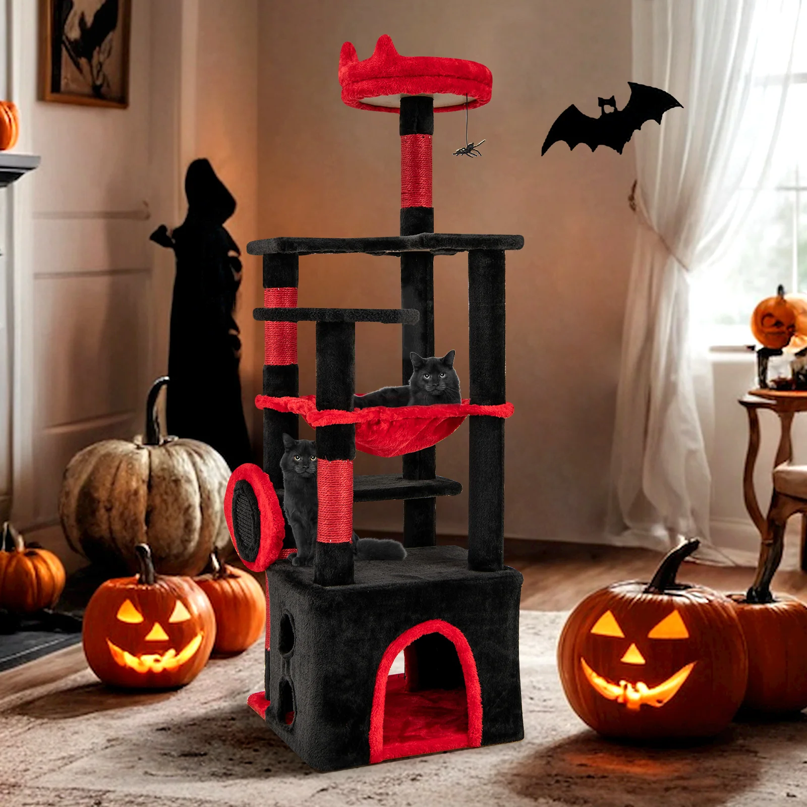 Gothic Cat Tree With Plush Perch, Spider Dangling Toy, Red, Black - Image 3