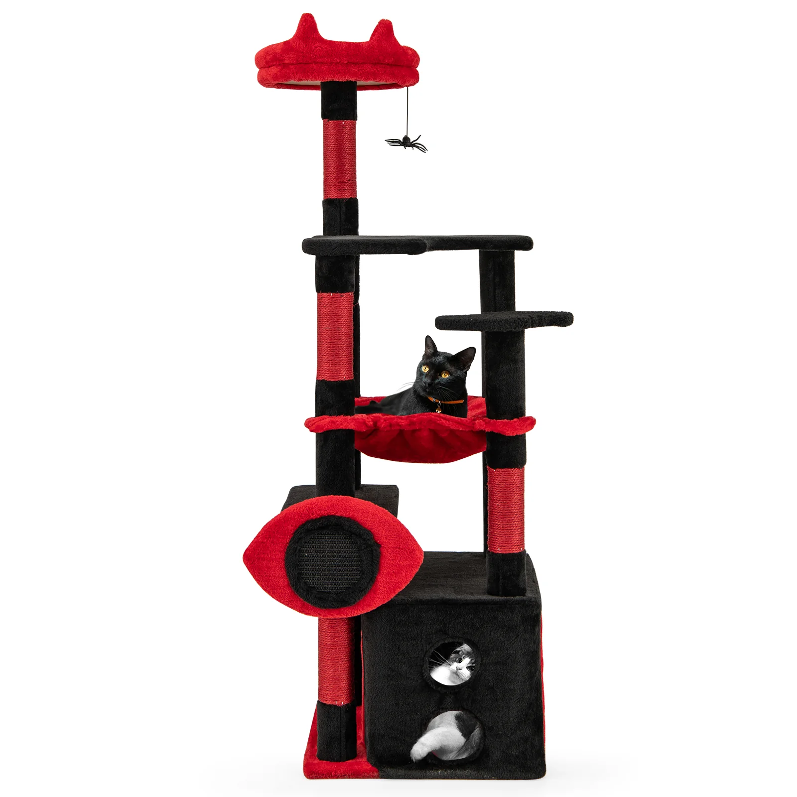 Gothic Cat Tree With Plush Perch, Spider Dangling Toy, Red, Black - Image 5