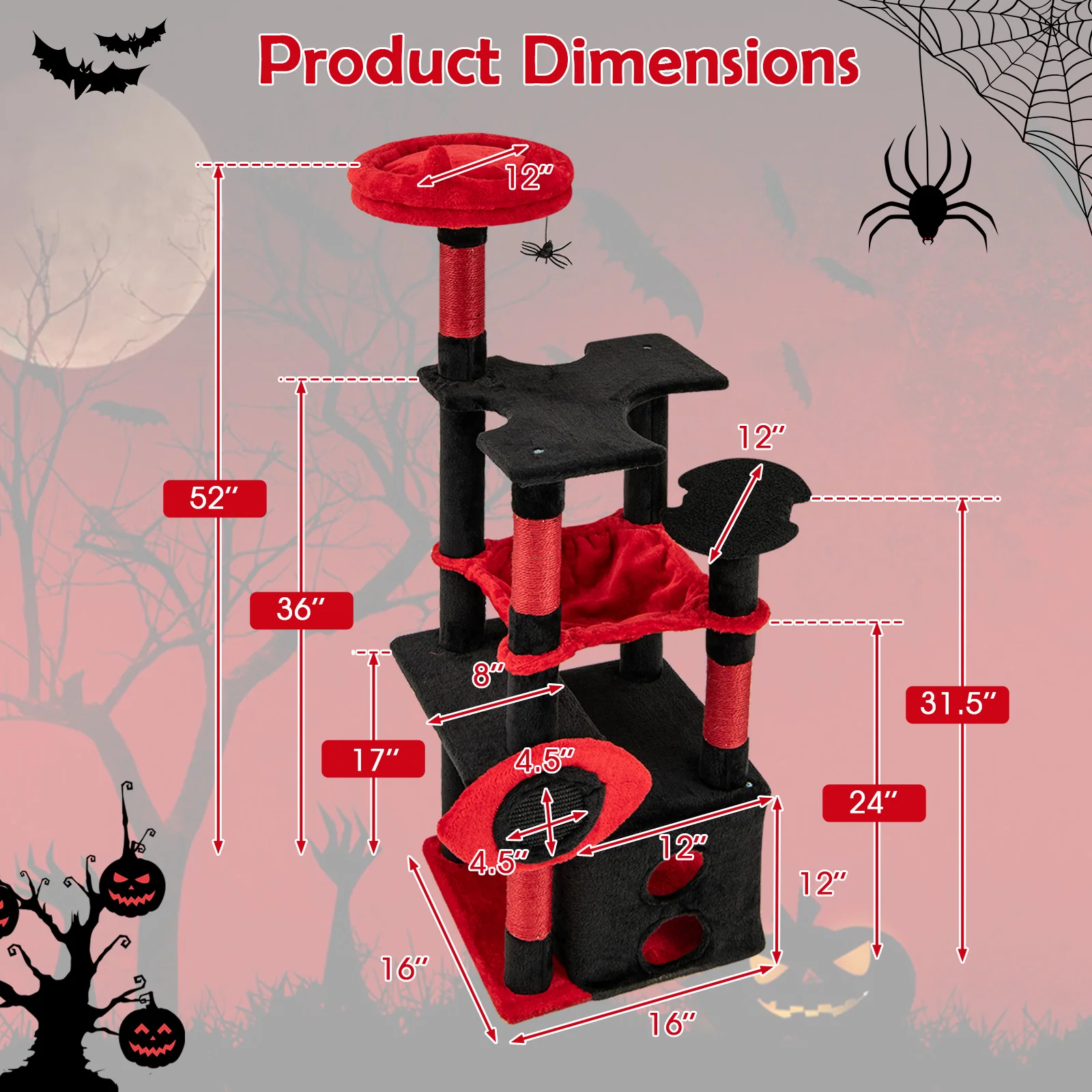 Gothic Cat Tree With Plush Perch, Spider Dangling Toy, Red, Black - Image 6