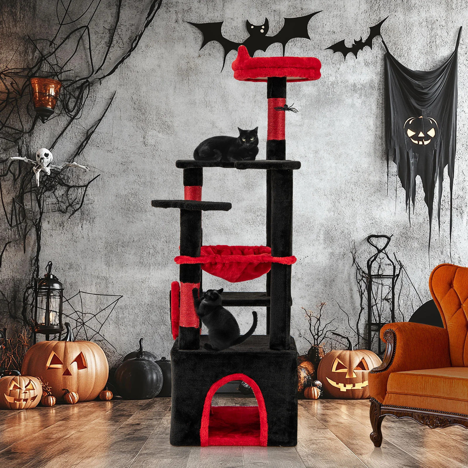 Gothic Cat Tree With Plush Perch, Spider Dangling Toy, Red, Black - Image 7