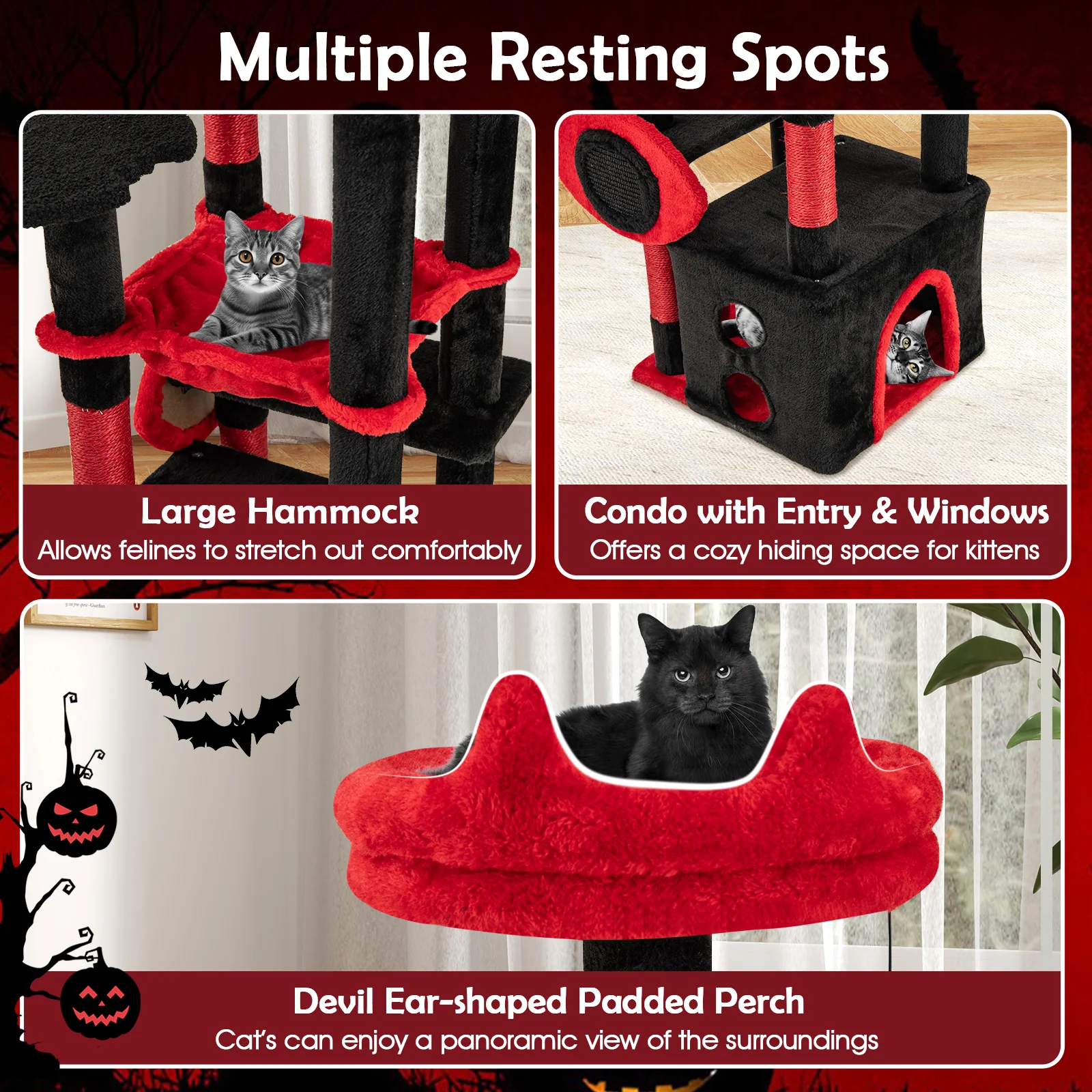 Gothic Cat Tree With Plush Perch, Spider Dangling Toy, Red, Black - Image 8